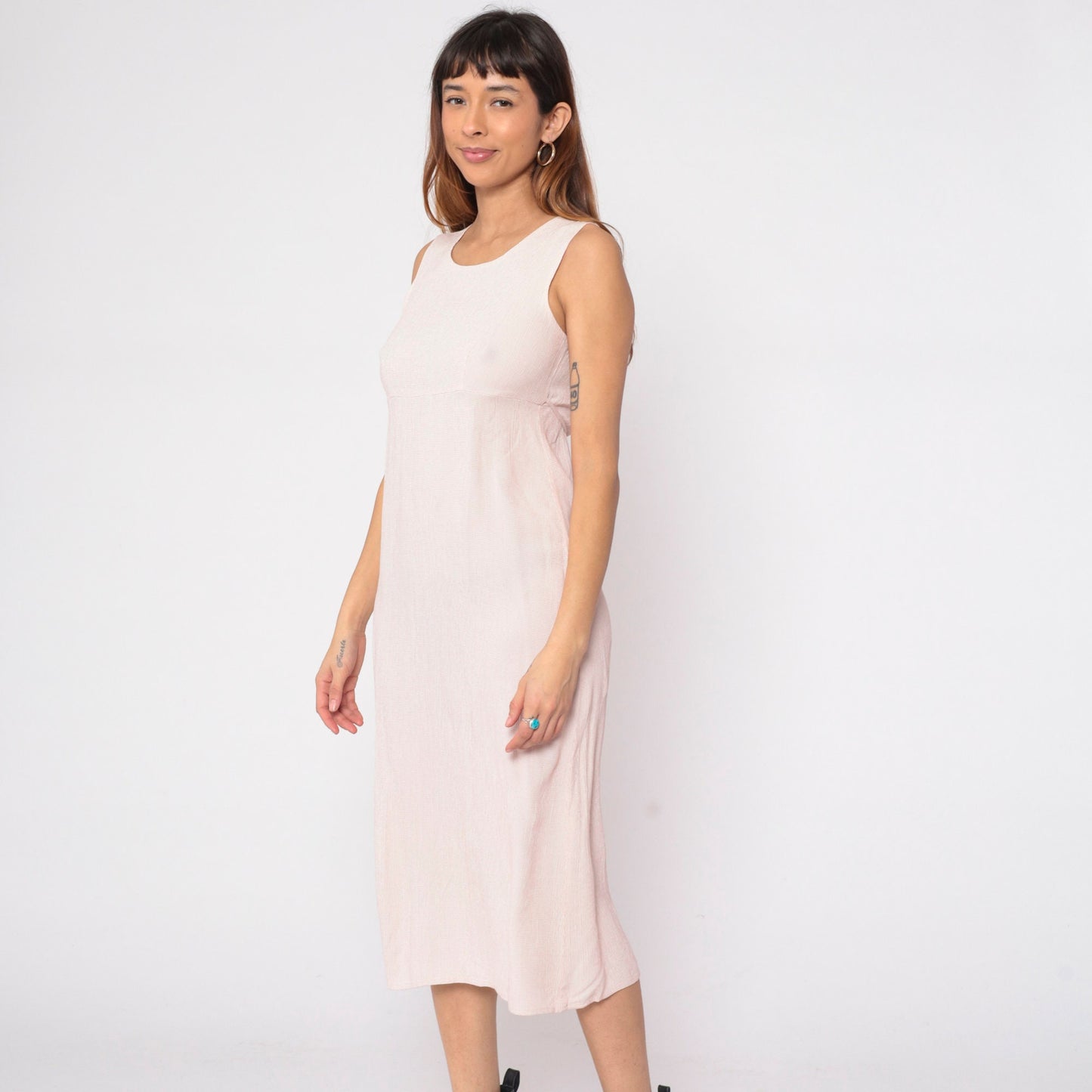 90s Cream Pink Checkered Midi Dress Empire Waist Sleeveless Small S