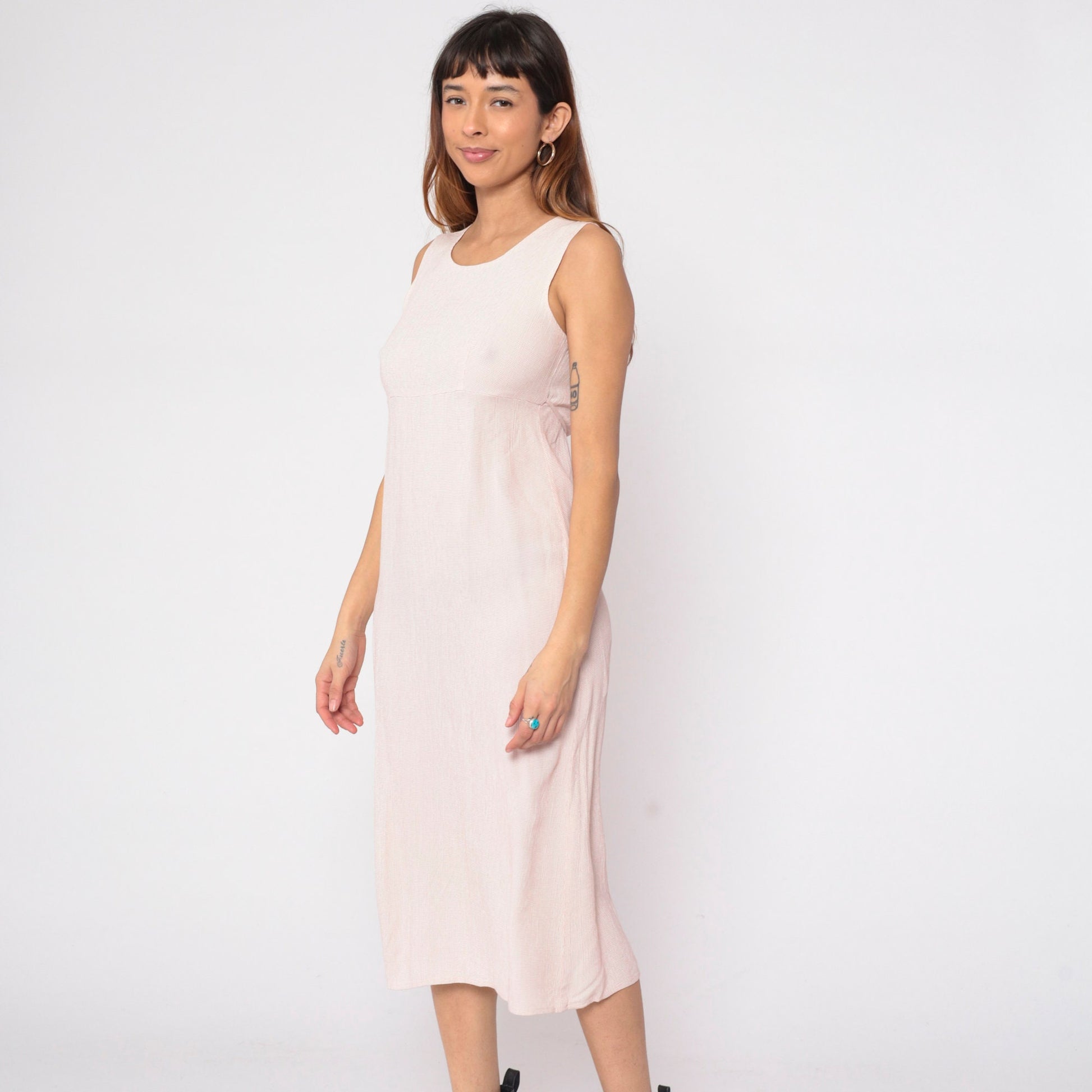 90s Cream Pink Checkered Midi Dress Empire Waist Sleeveless Small S