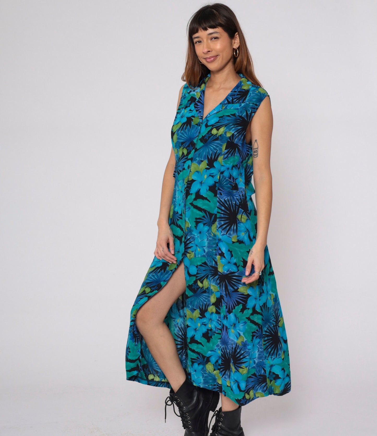 90s Tropical Floral Midi Dress Blue Hibiscus Leaf Print Collared Sleeveless Large