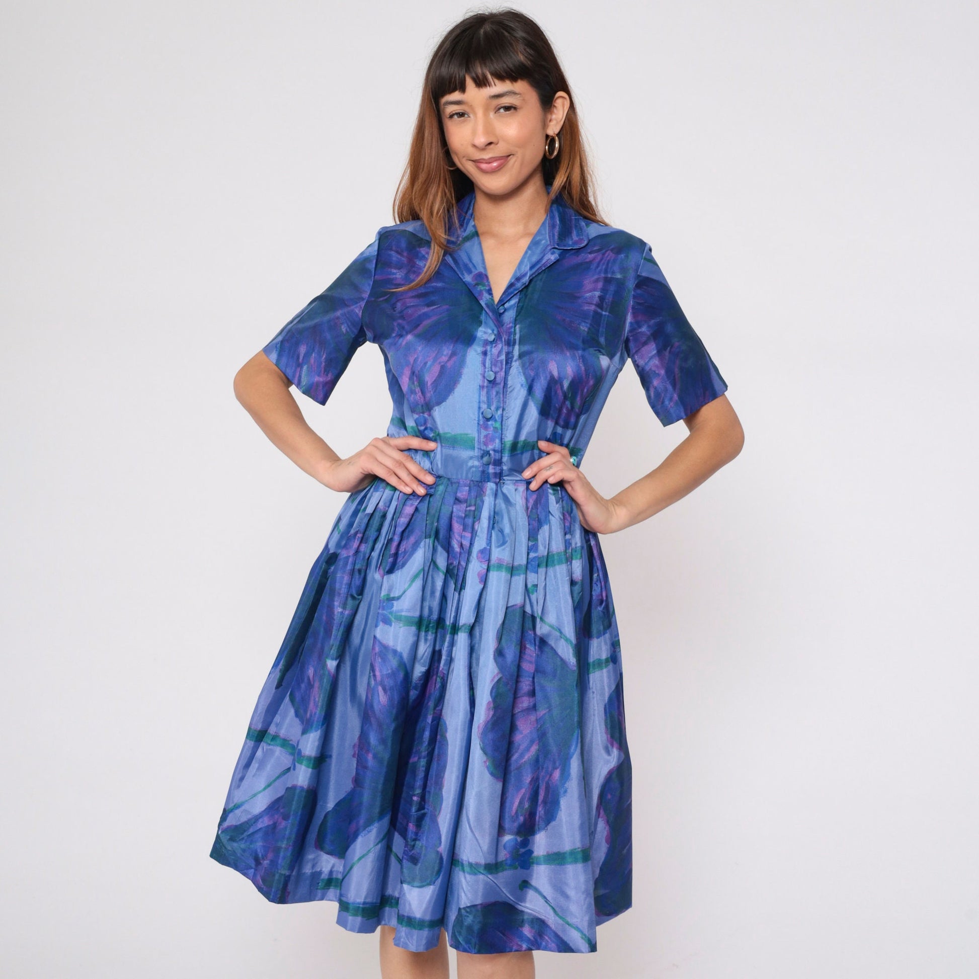 60s Butterfly Print Shirtwaist Dress Purple Blue Knee-Length Small