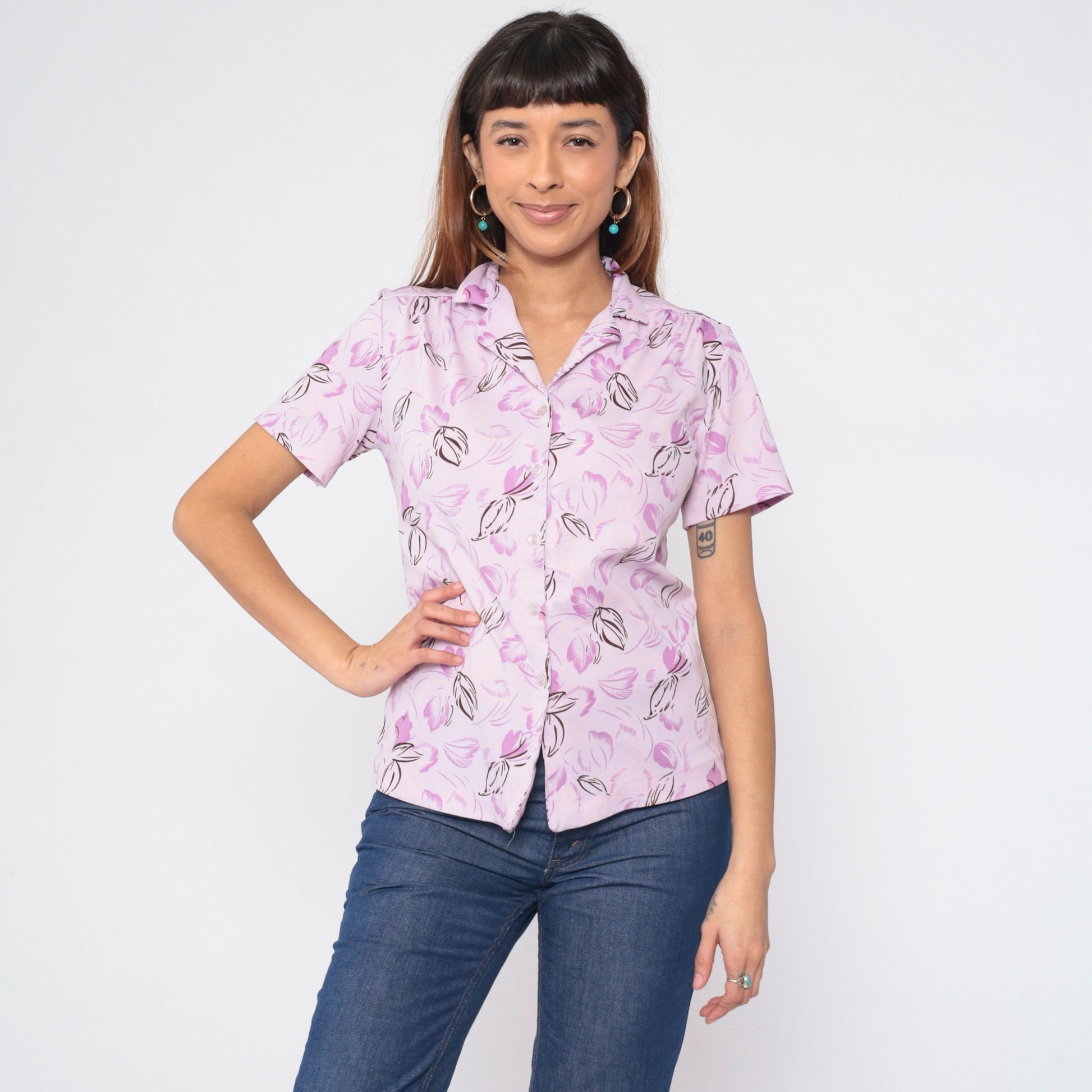 70s Light Purple Floral Button-Up Shirt Lavender Leaf Print Short Sleeve Medium