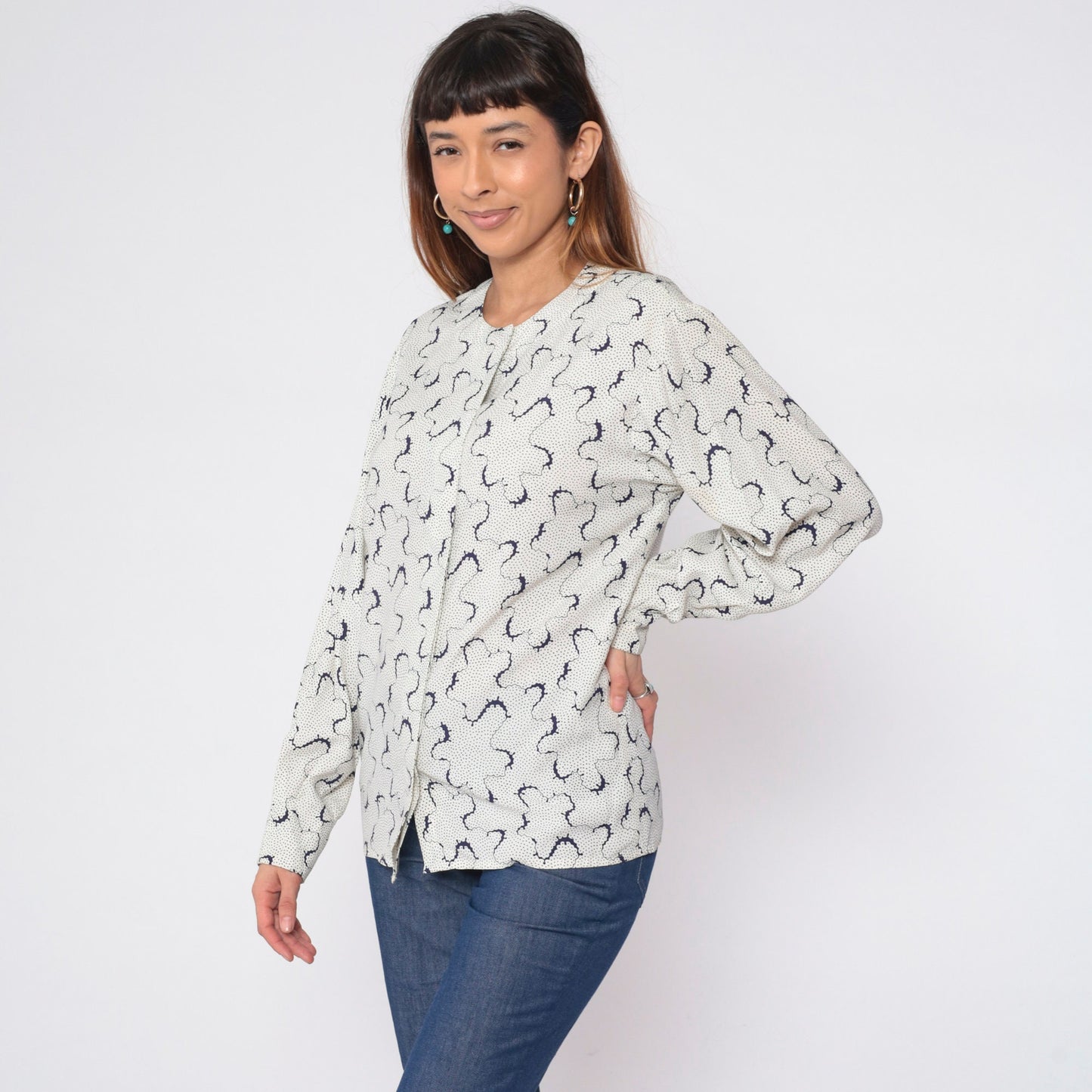 90s Evan Picone Abstract Dot Print Button-Up Blouse White Long Sleeve Medium