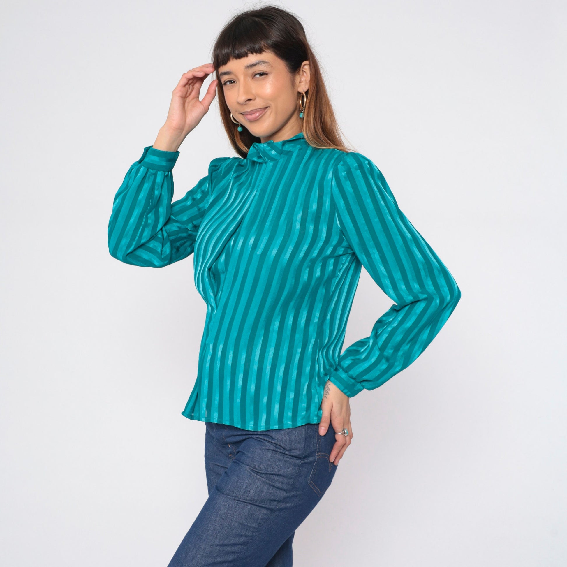 90s Lillian Lawrence Striped Blouse Teal Puff Sleeve Mock Neck Medium M