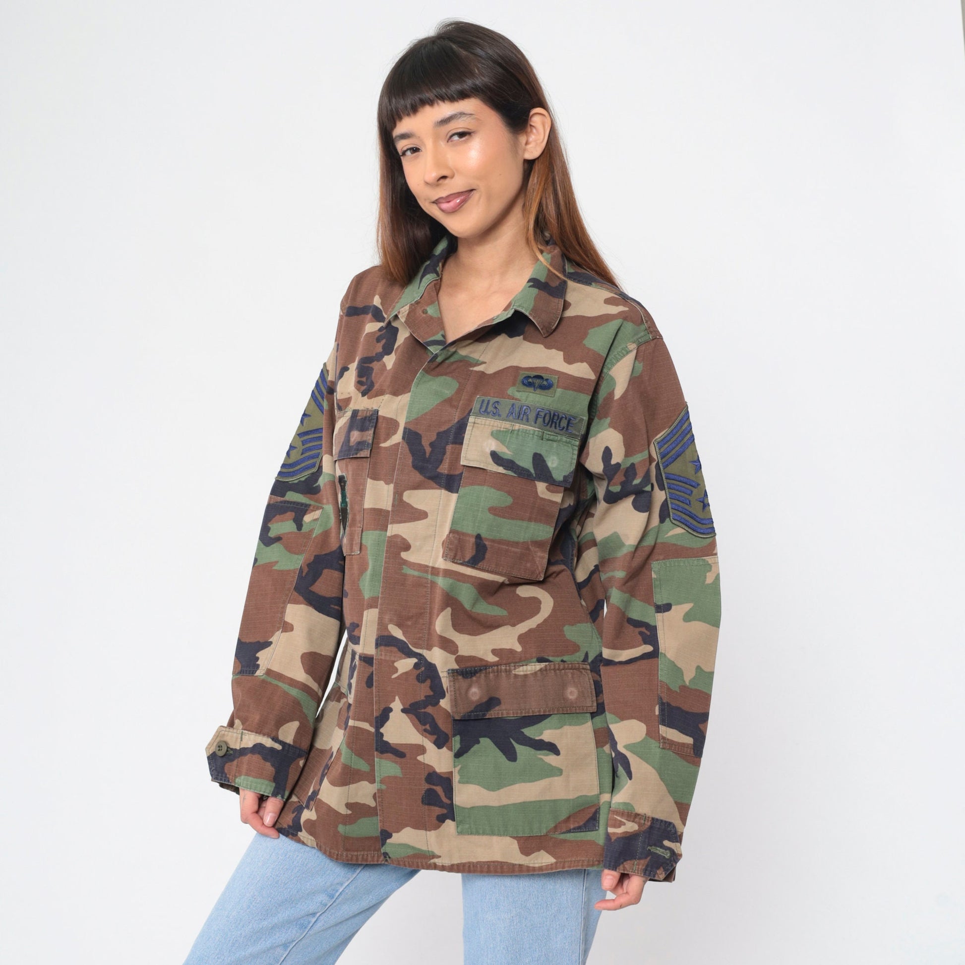 1980s US Air Force Camouflage Jacket Cargo Pockets Button Up Medium Long