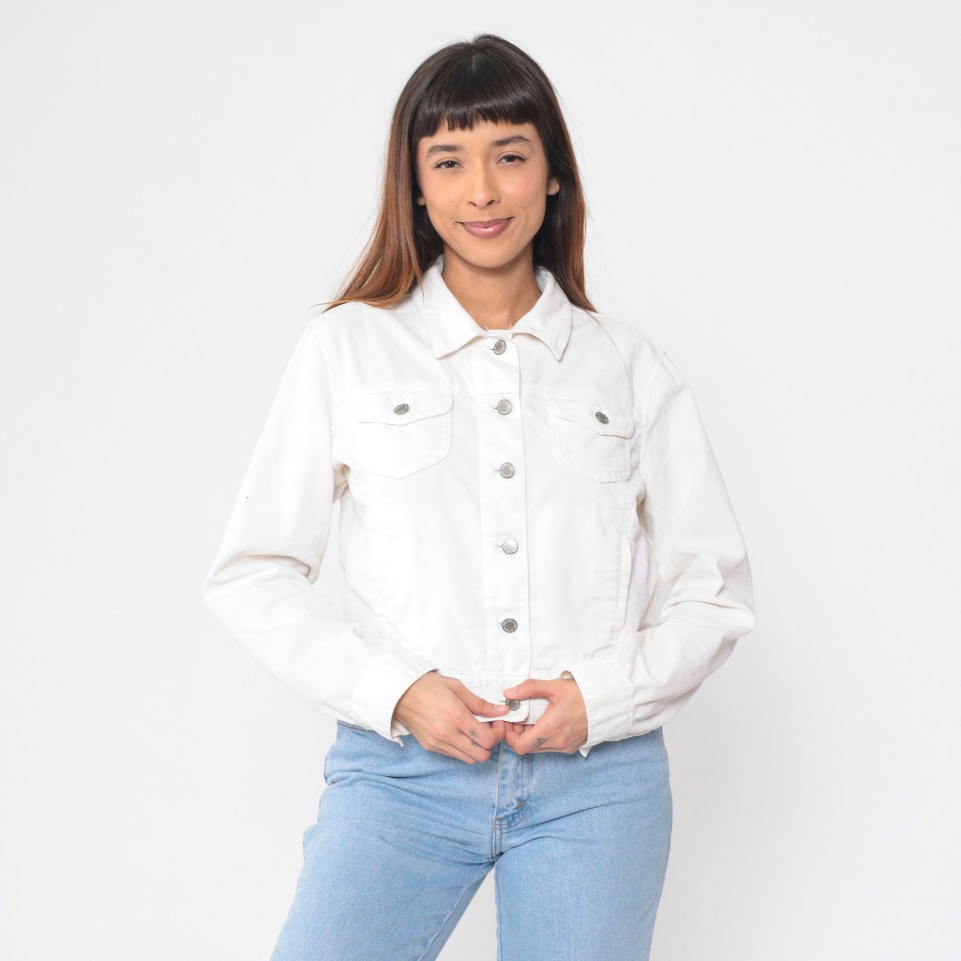 Y2K Gap White Corduroy Cropped Button-Up Jacket Large L