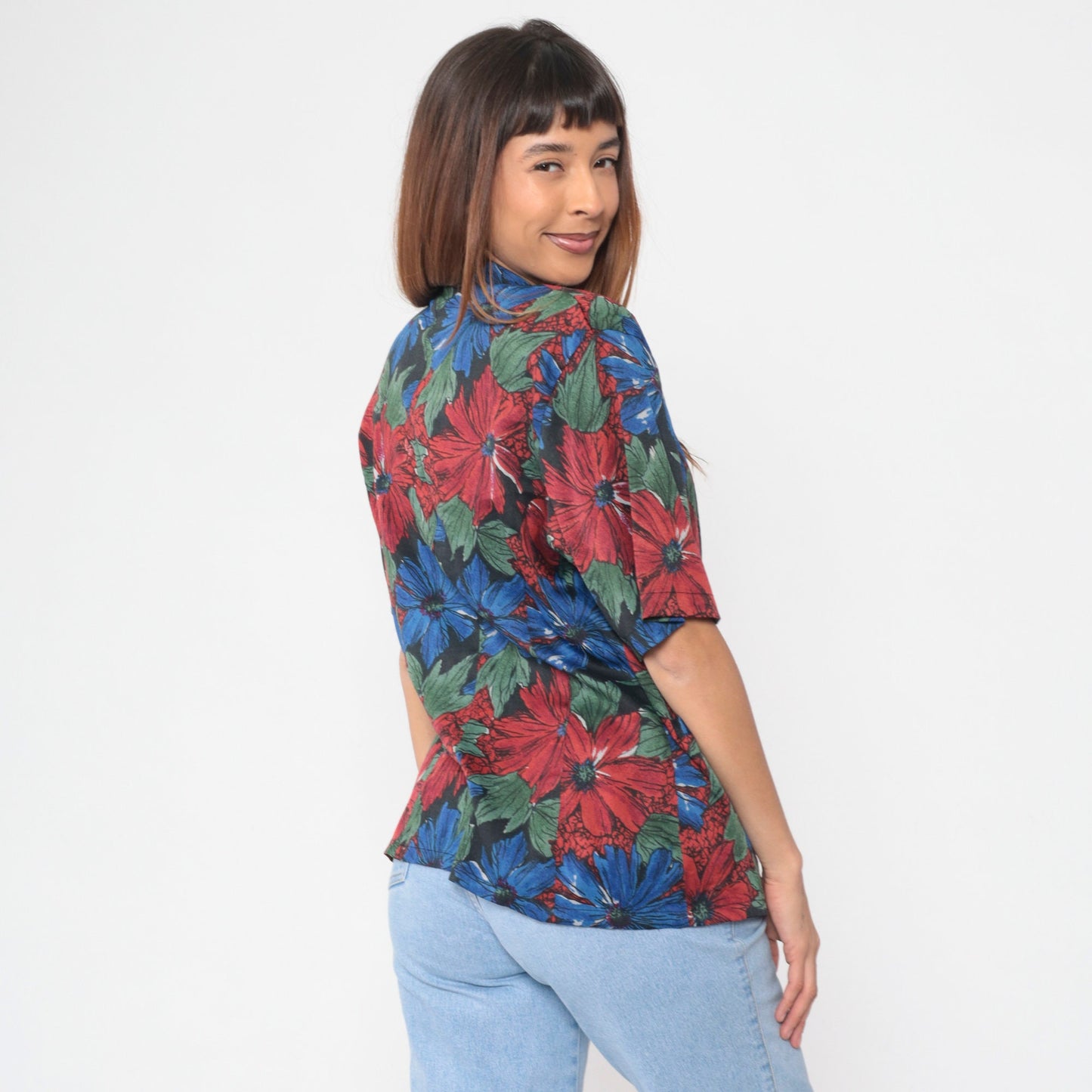 90s Floral Print Button-Up Blouse Deep V-Neck Short Sleeve Medium