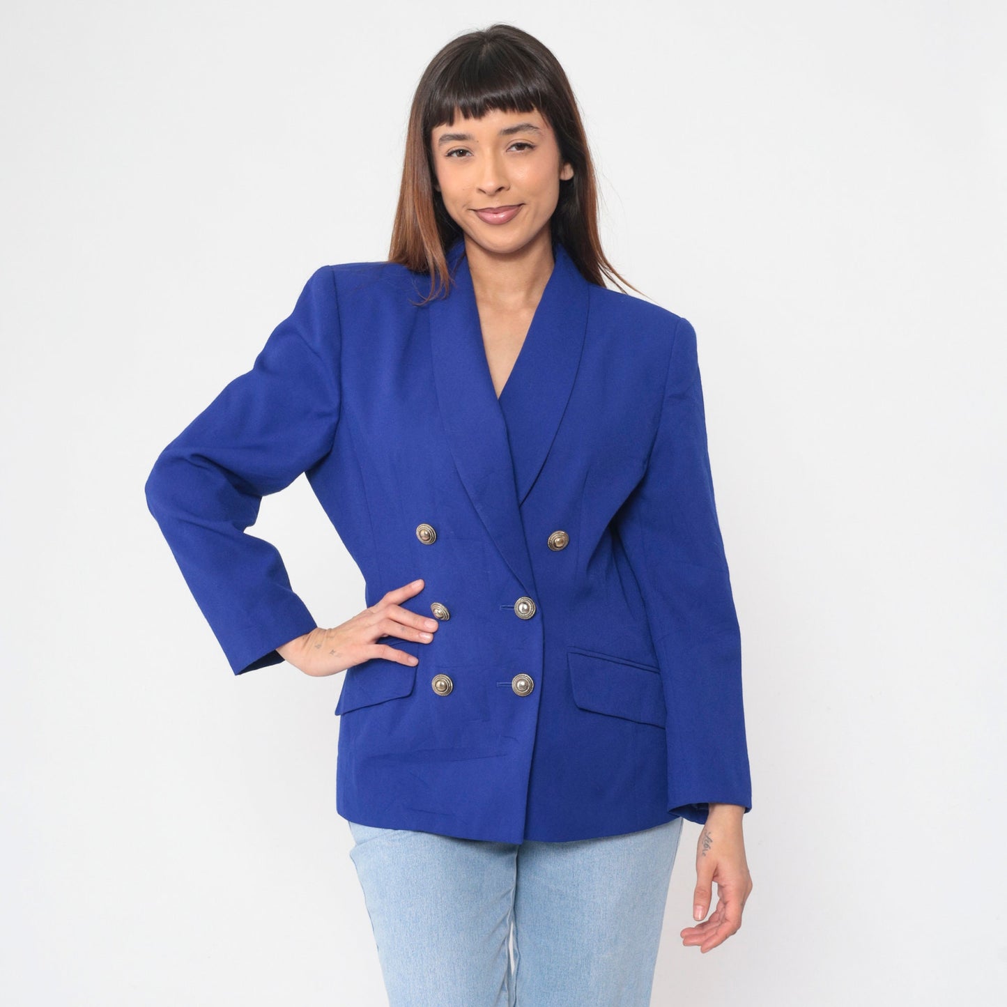 00s Royal Blue Double Breasted Blazer V Neck Tailored Jacket Large 14