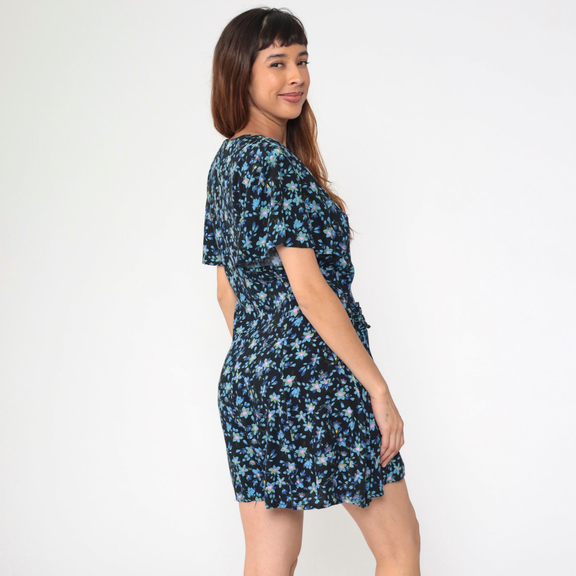 90s Lauren Brooke Floral Romper Black Blue Button Up Wide Leg Medium