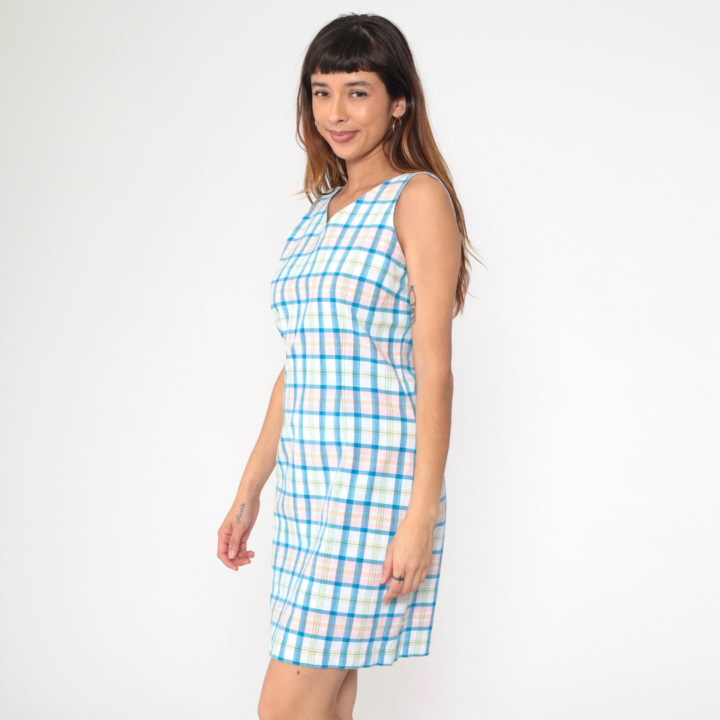 90s Tommy Hilfiger Checkered Mini Dress V Neck Sheath White Blue Pink Small