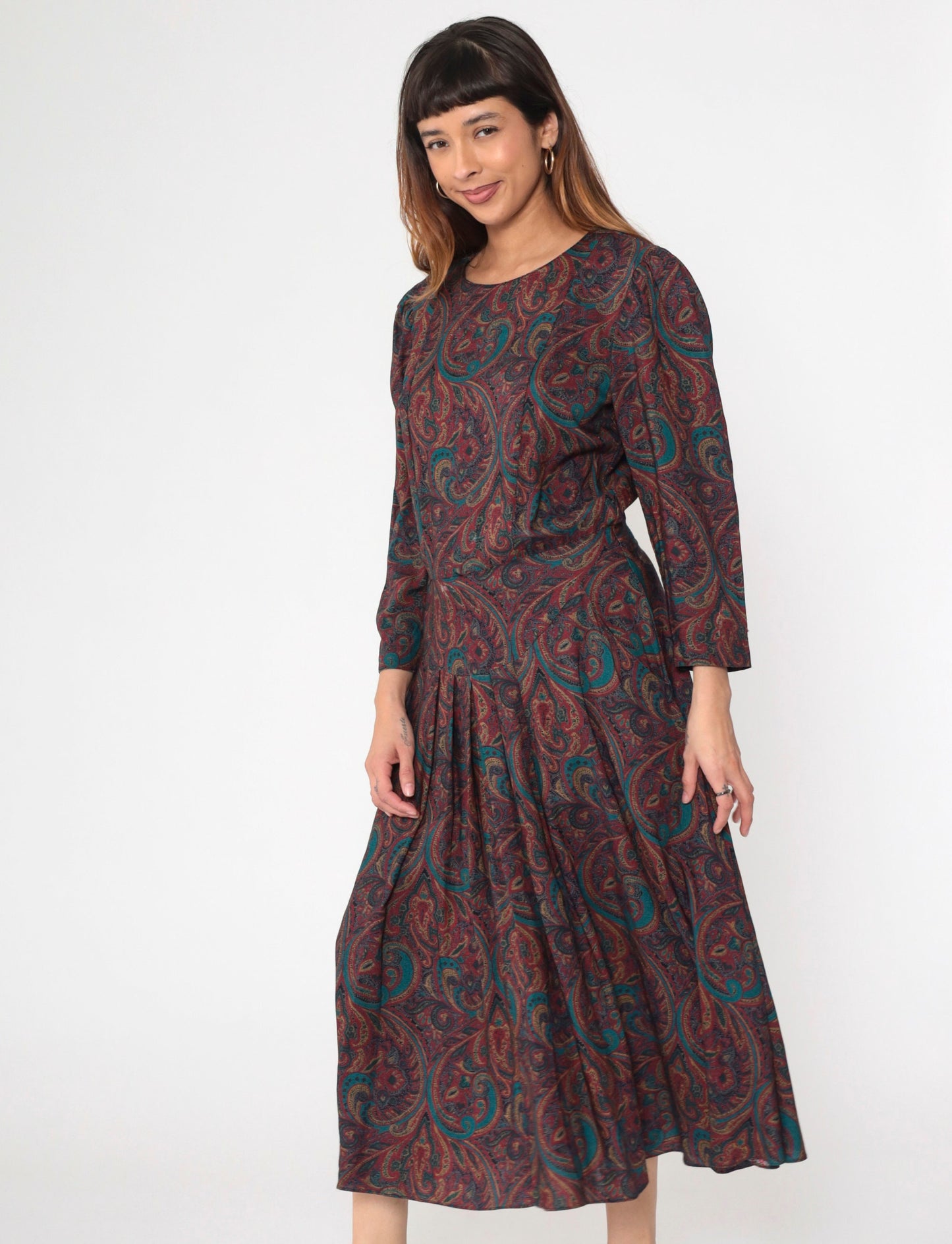 80s Paisley Midi Dress Puff Sleeve Drop Waist Pleated Pockets Medium
