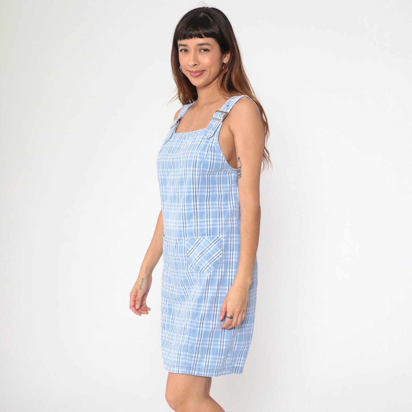 90s Blue Plaid Jumper Dress Mini Sleeveless Buckle Strap Pinafore Medium