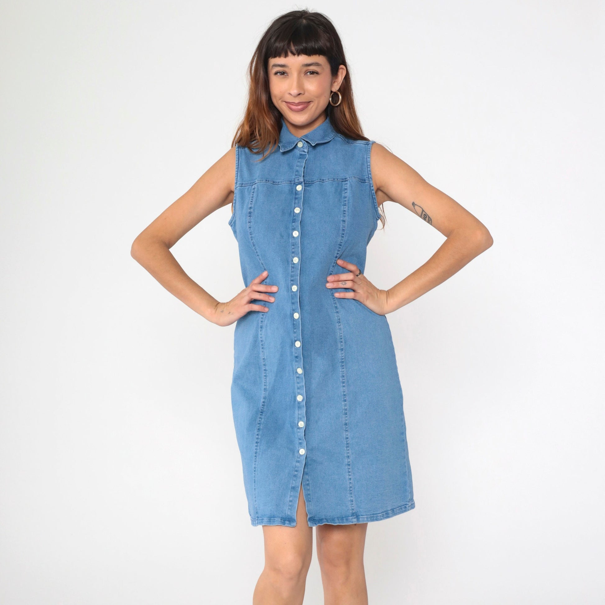 90s Charter Club Denim Mini Dress Button-Up Sleeveless Sheath Blue Medium Petite
