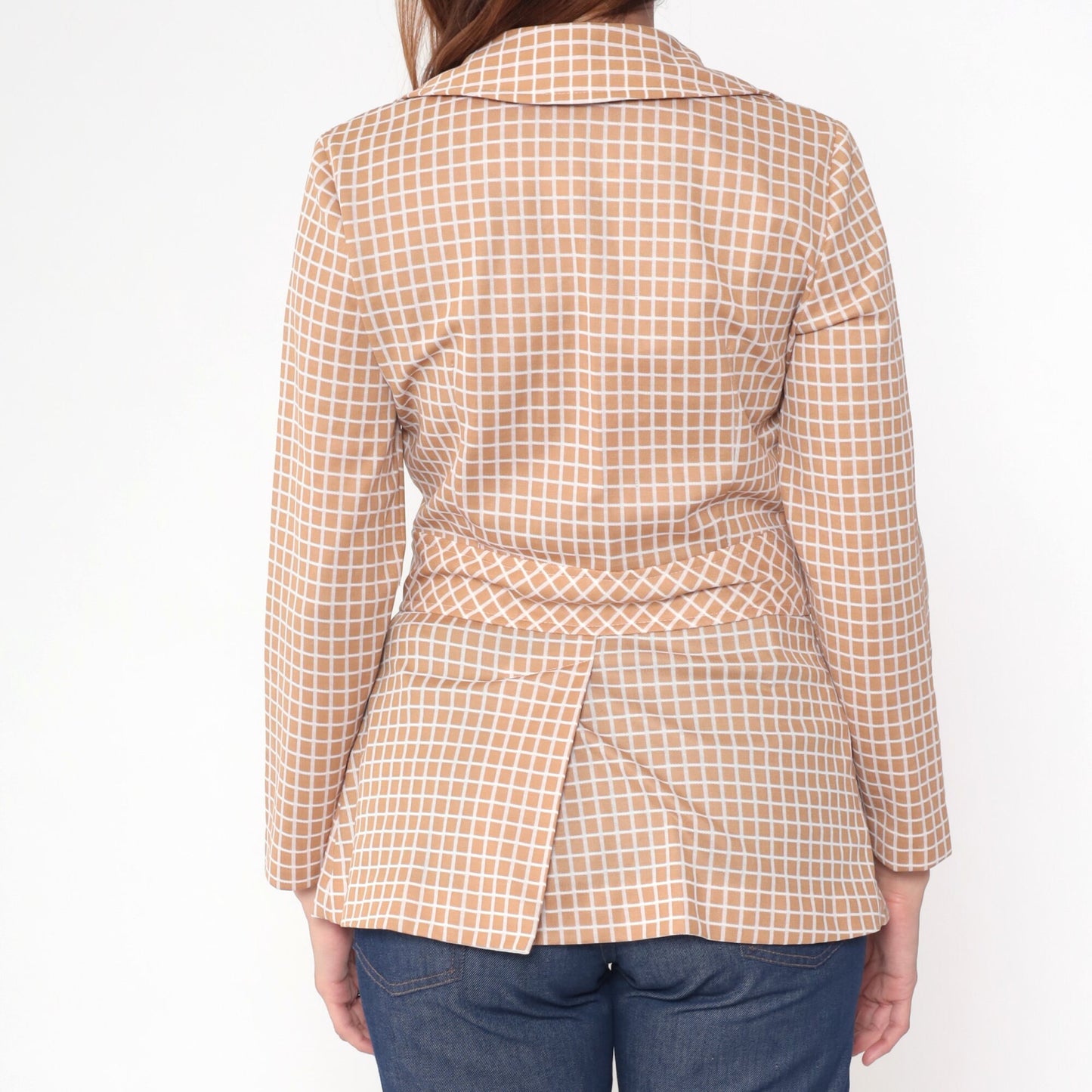 70s Tan Checkered Blazer Windowpane Button-Up Jacket Small