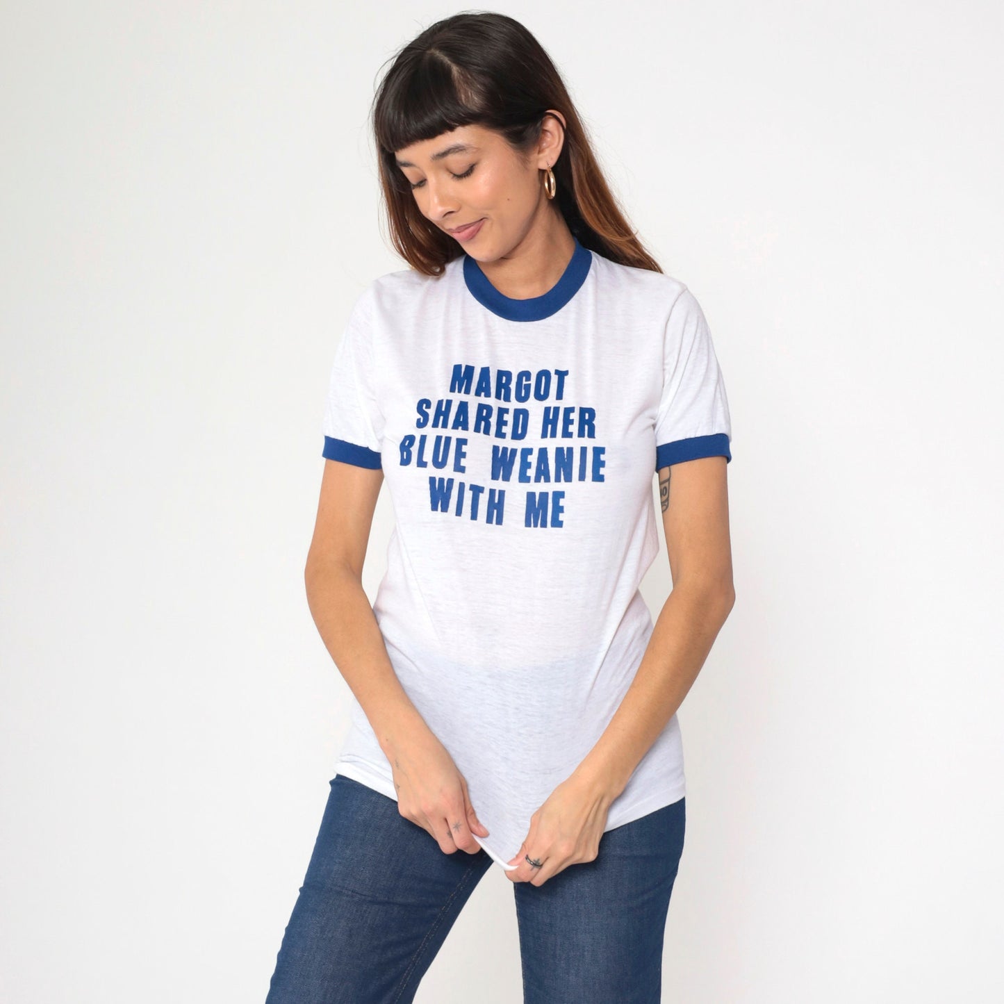 80s KC Sportswear Ringer Tee Margot Blue Weenie Graphic Joke Shirt Small