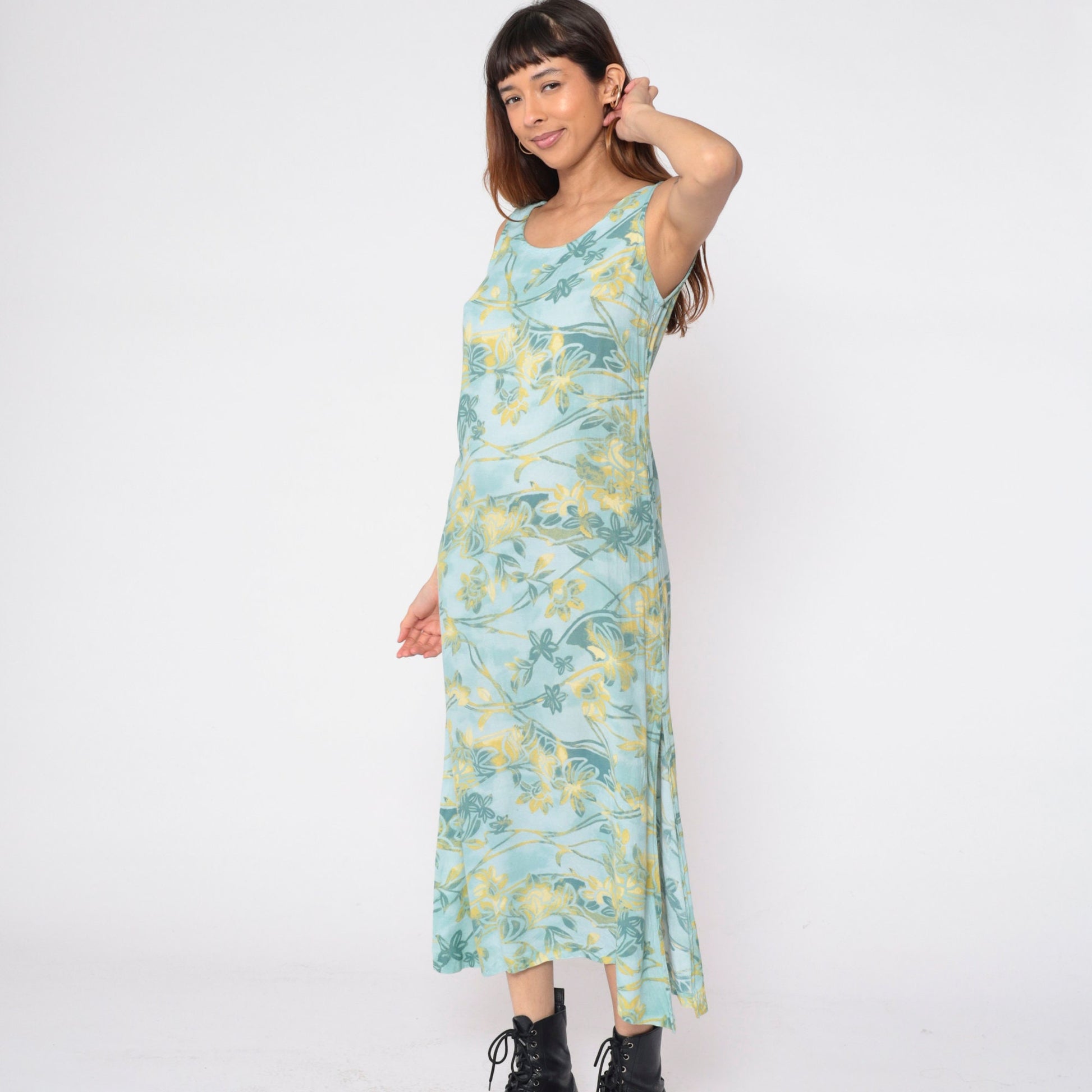 90s Seafoam Floral Rayon Maxi Dress Sleeveless Side Slit Small
