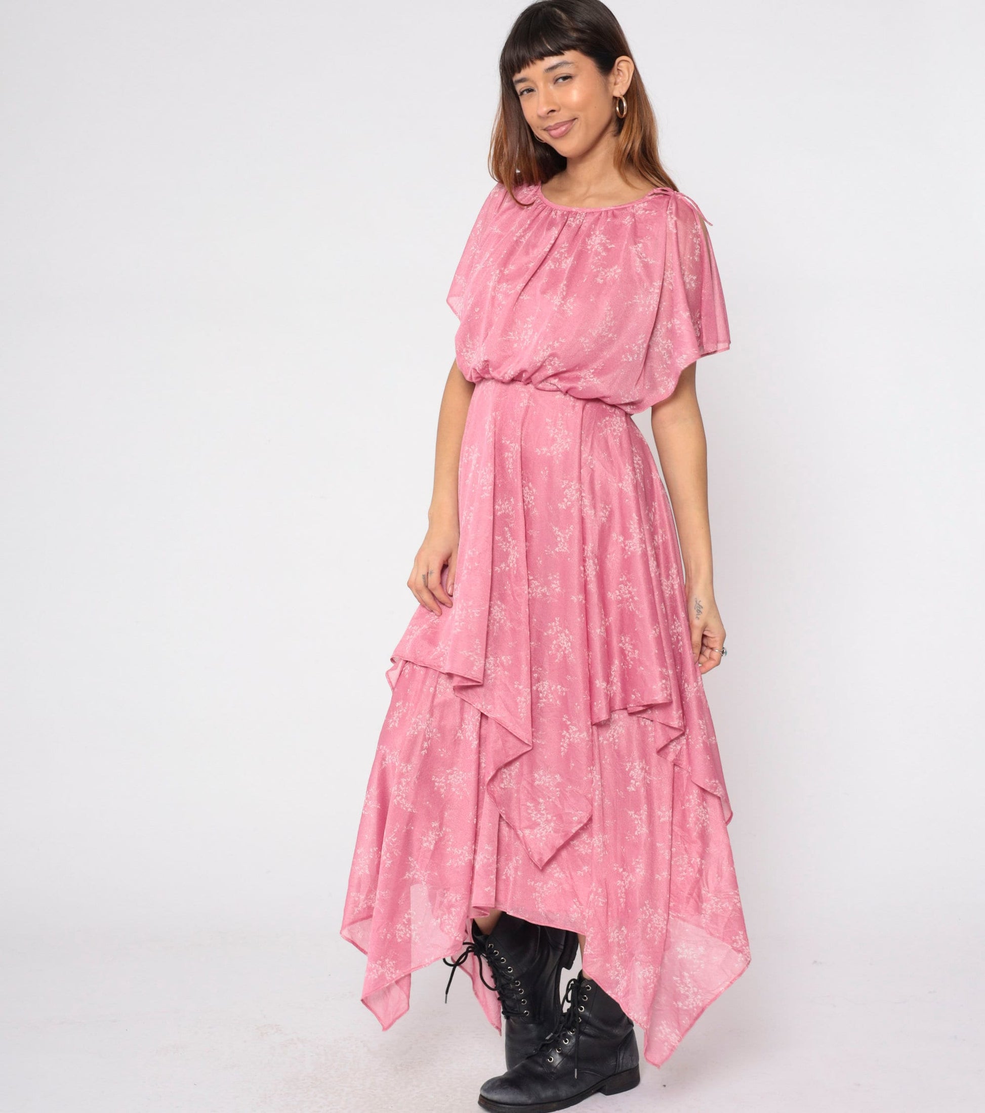 70s Pink Floral Handkerchief Hem Midi Dress Split Sleeve Grecian Small