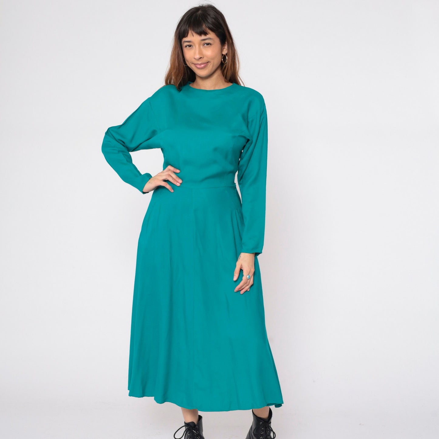 90s Teal Green Rayon Dress Button Back Batwing Sleeve Ankle Length Small