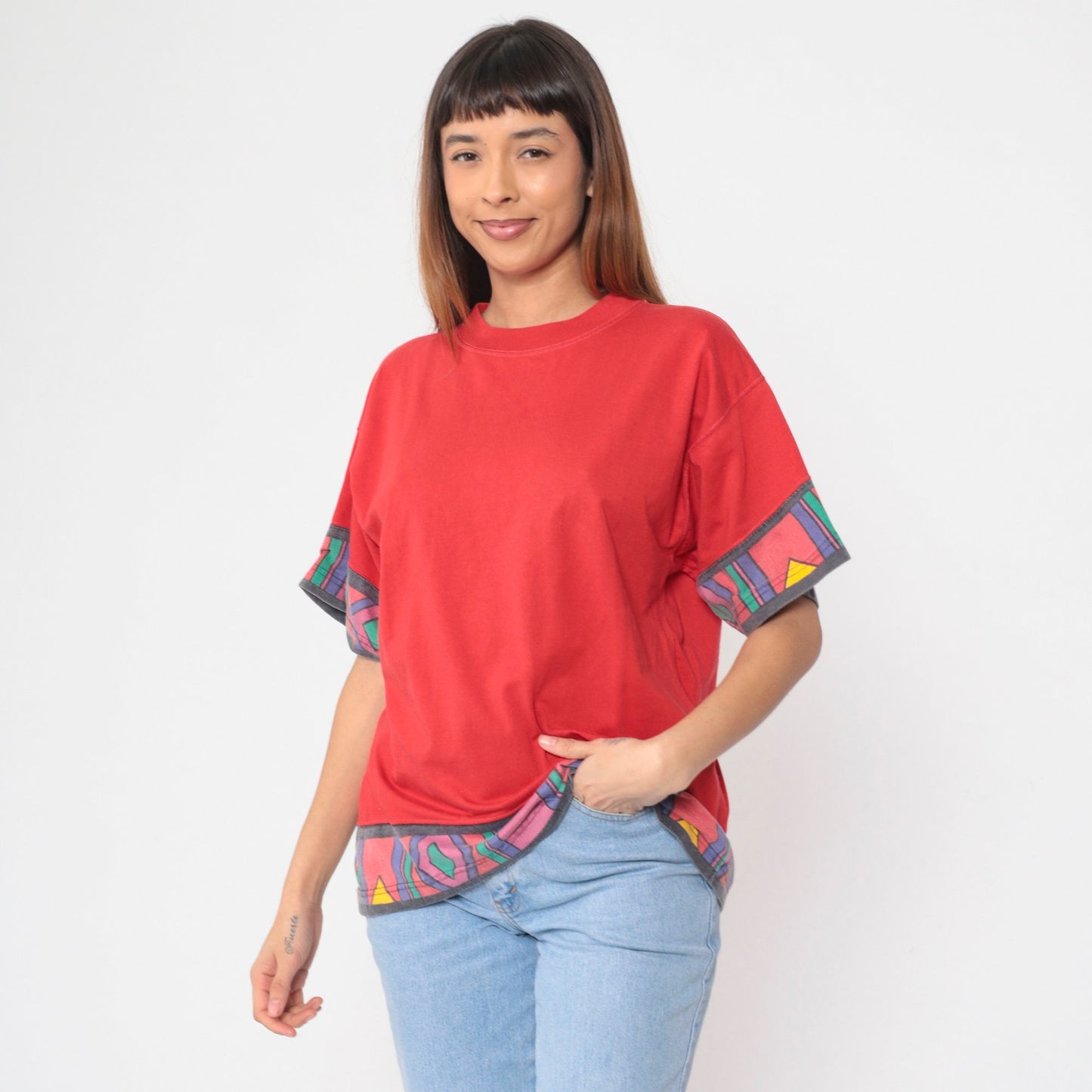 90s Southwestern Geometric Red Graphic T-Shirt Cotton Large