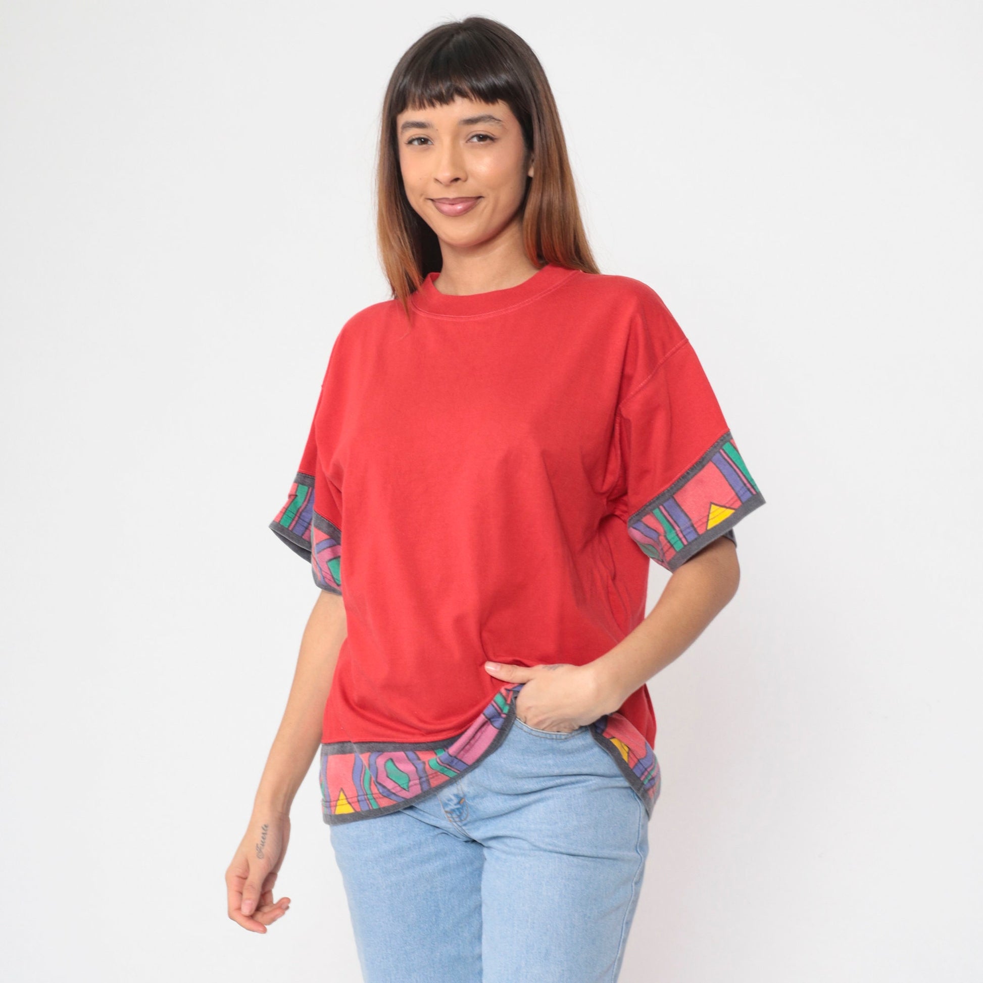90s Southwestern Geometric Red Graphic T-Shirt Cotton Large