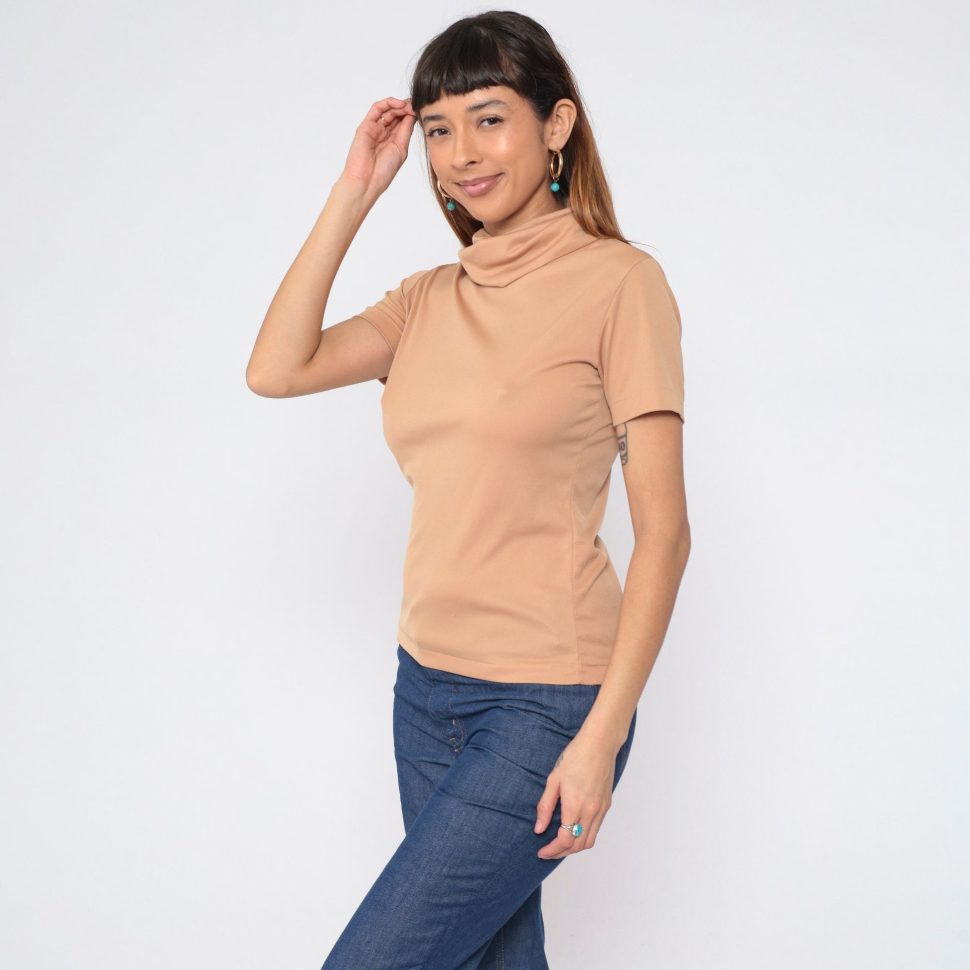 70s Tan Turtleneck Short Sleeve Blouse Medium M