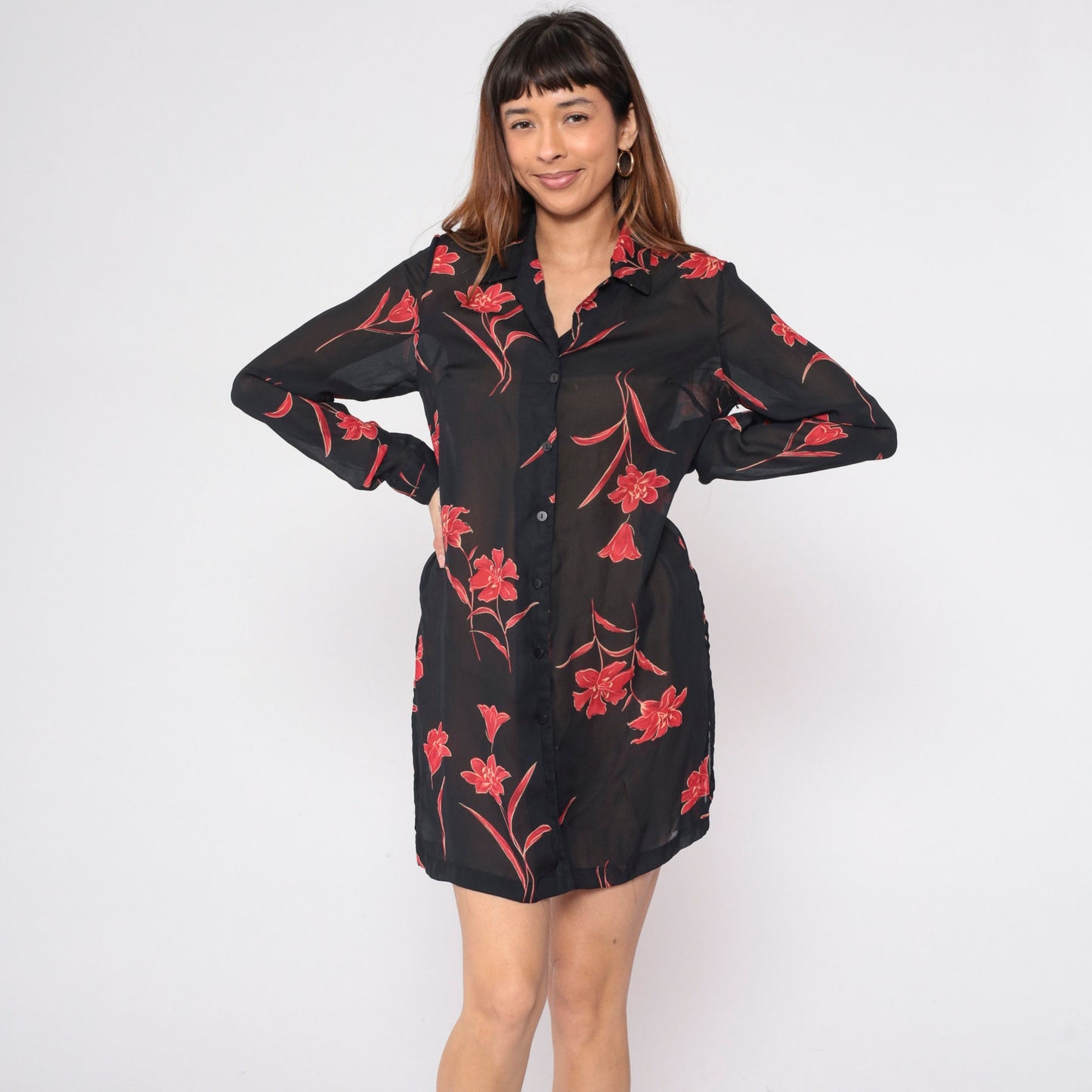 90s Black Floral Button-Up Shirt Red Print Long Sleeve Side Slit Small