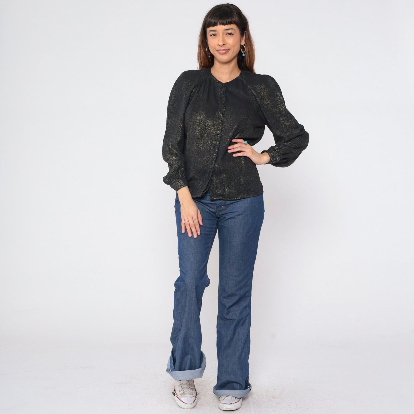 90s Metallic Black Gold Blouse Hidden Button Puff Sleeve Fitted Small S