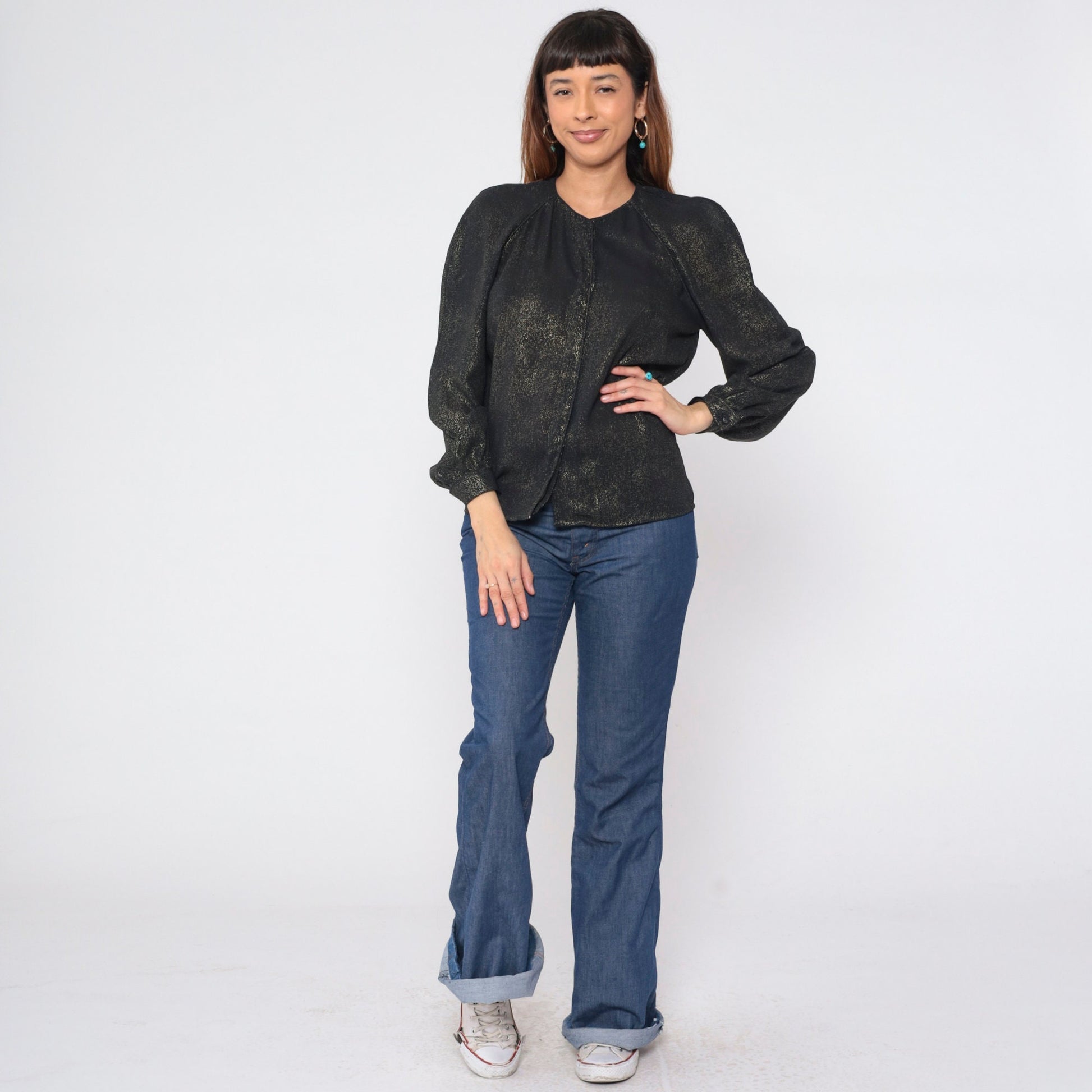 90s Metallic Black Gold Blouse Hidden Button Puff Sleeve Fitted Small S