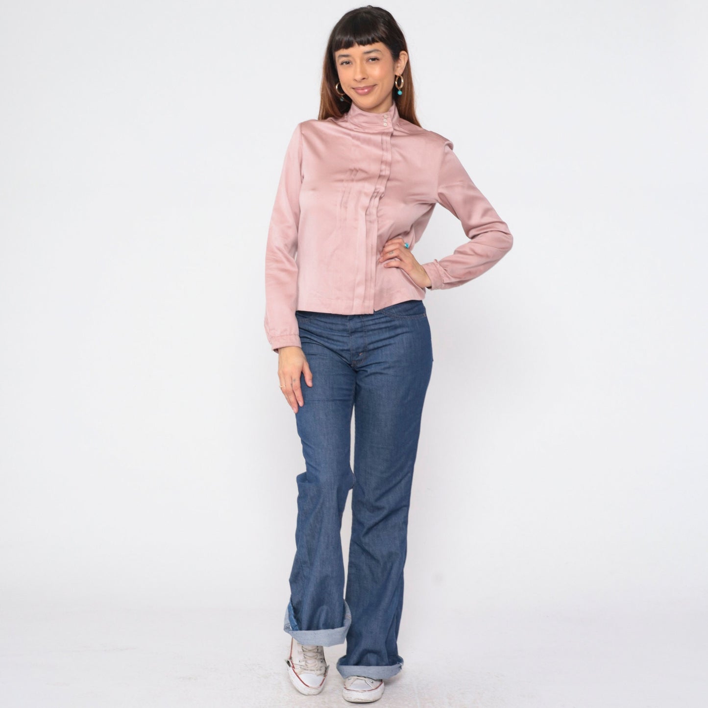 90s Ellen Tracy Pink Pleated Blouse Mock Neck Long Sleeve Medium