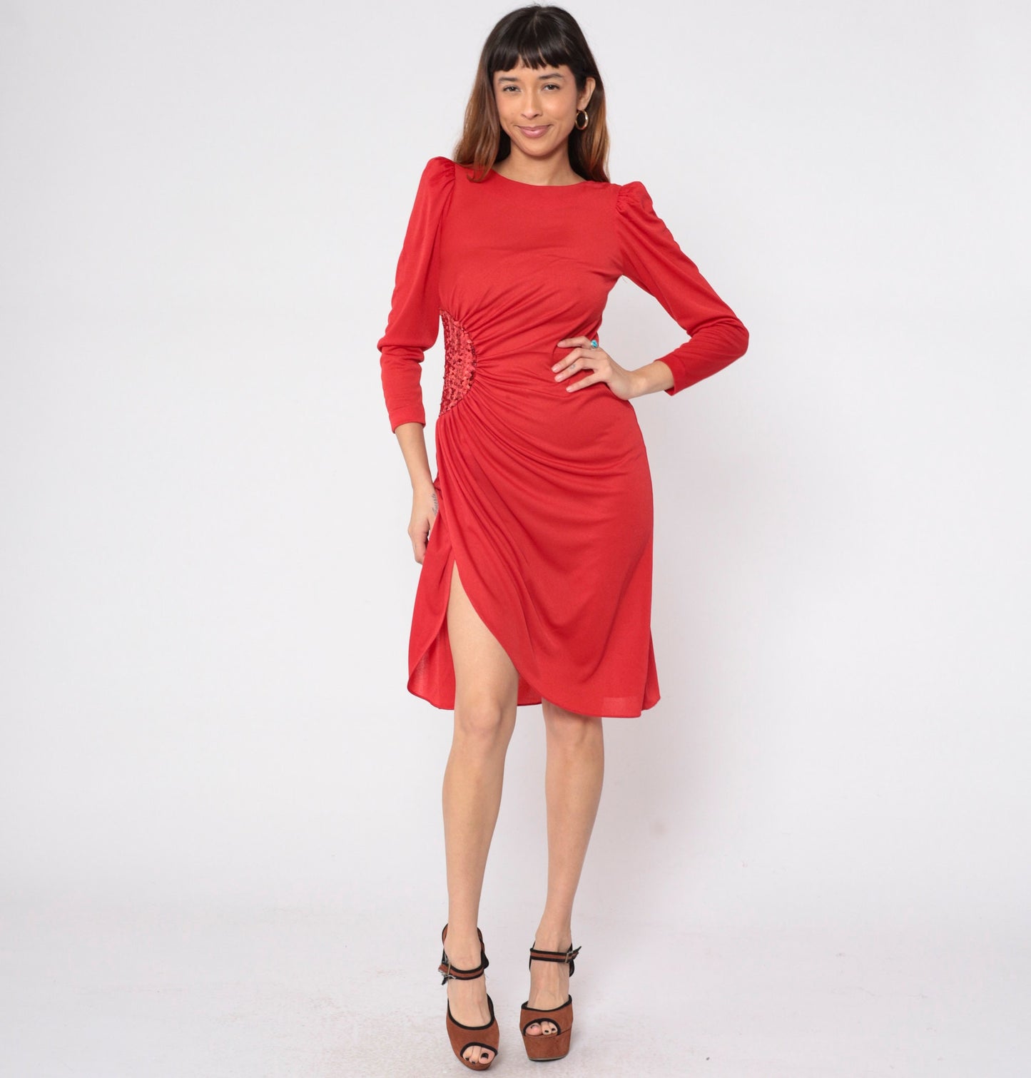 80s Red Sequin Draped Midi Dress Puff Sleeve Grecian Disco Small