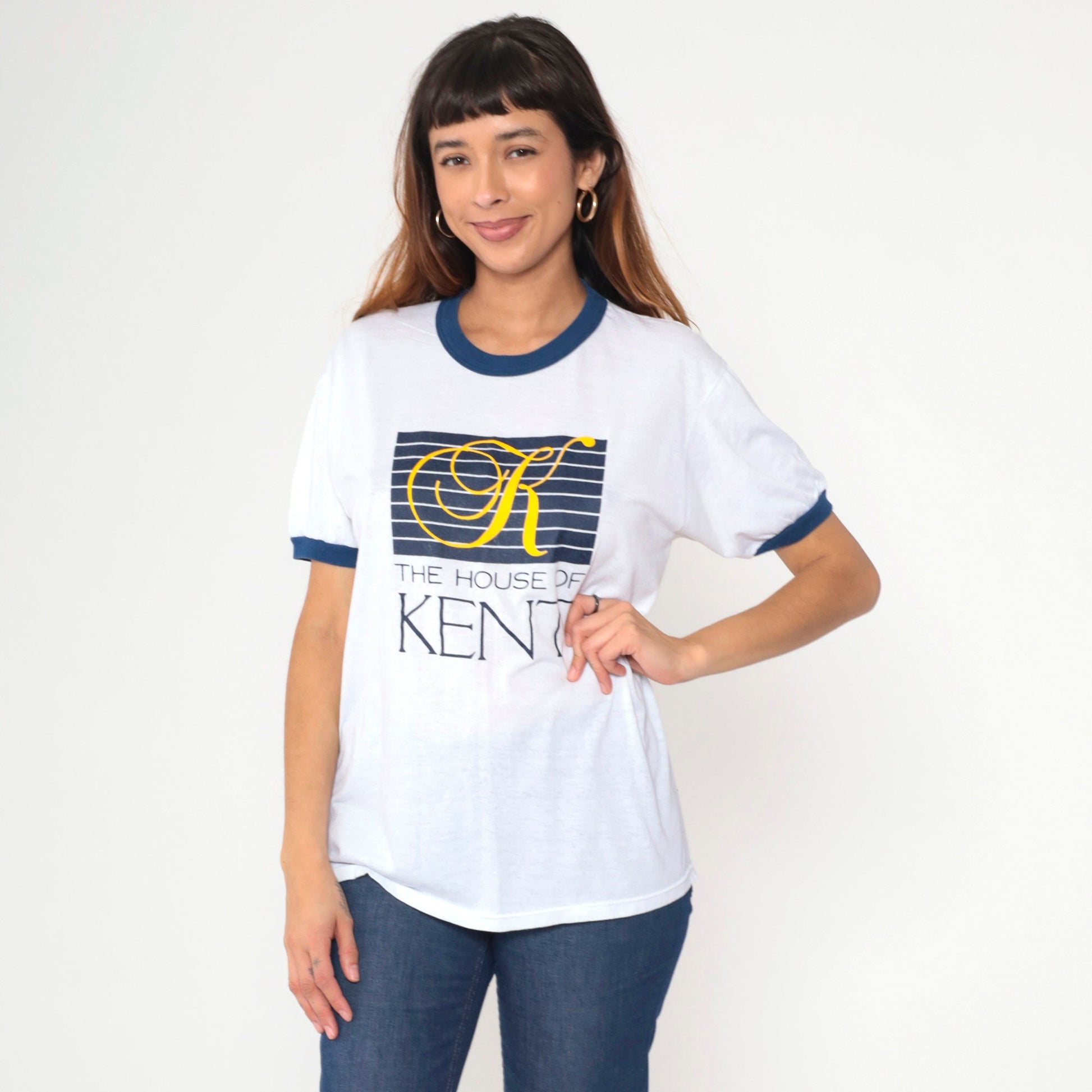 80s House of Kent Ringer Tee White Blue Trim Graphic T-Shirt Medium