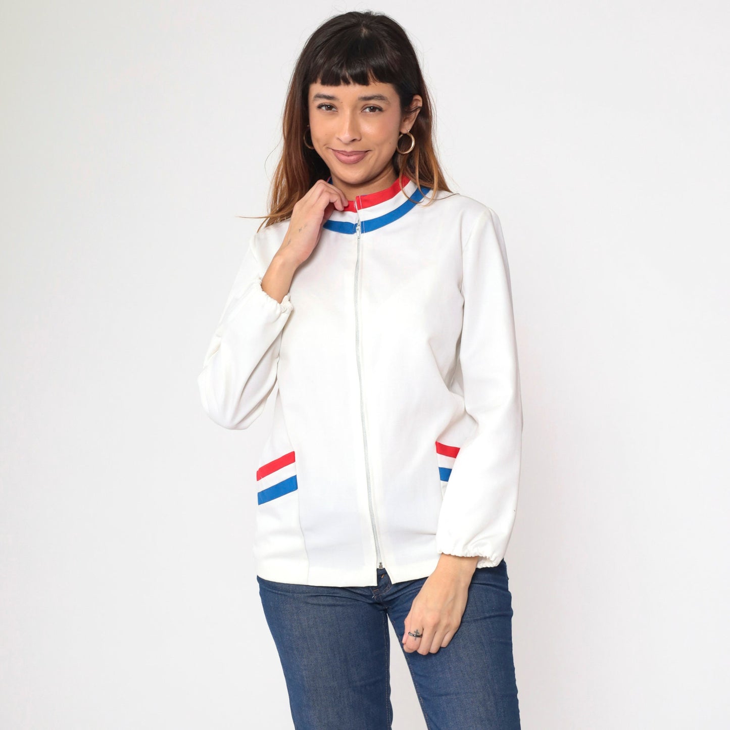 70s Striped Track Jacket White Red Blue Ringer Zip Up Mock Neck Small