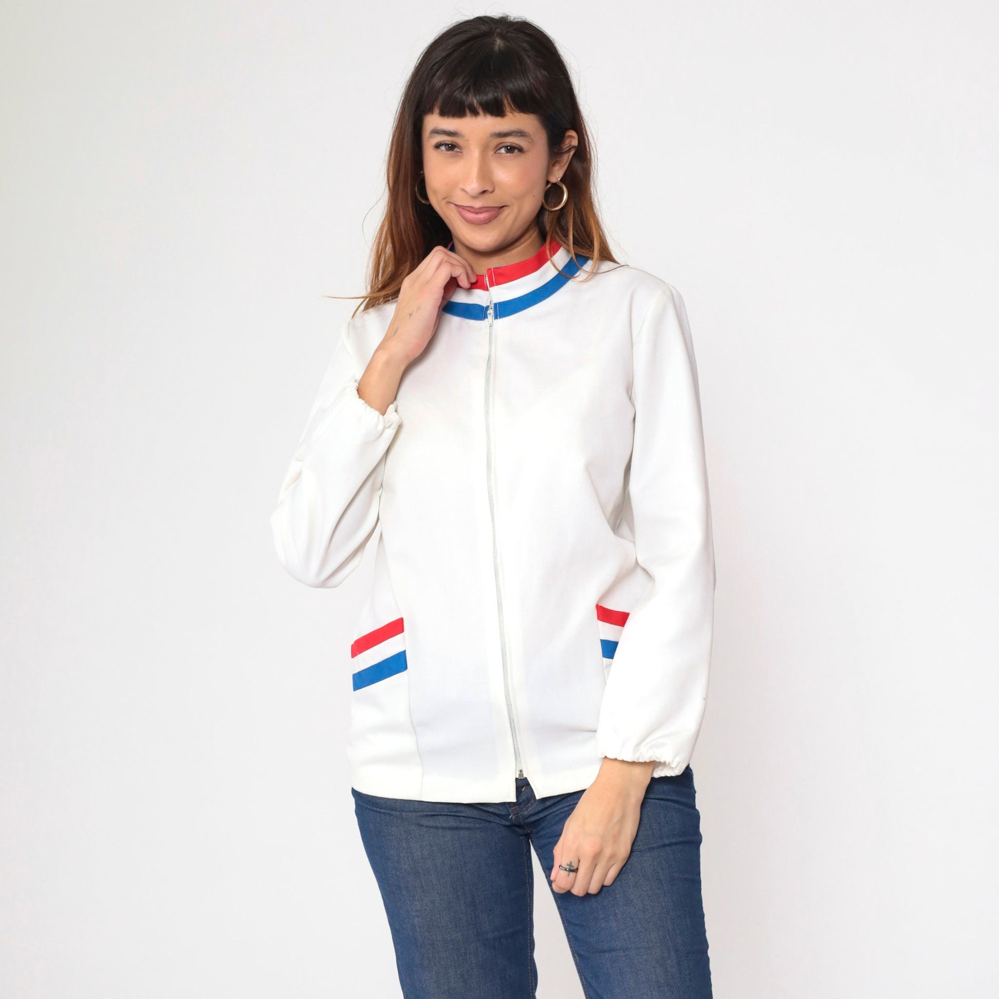 70s Striped Track Jacket White Red Blue Ringer Zip Up Mock Neck Small