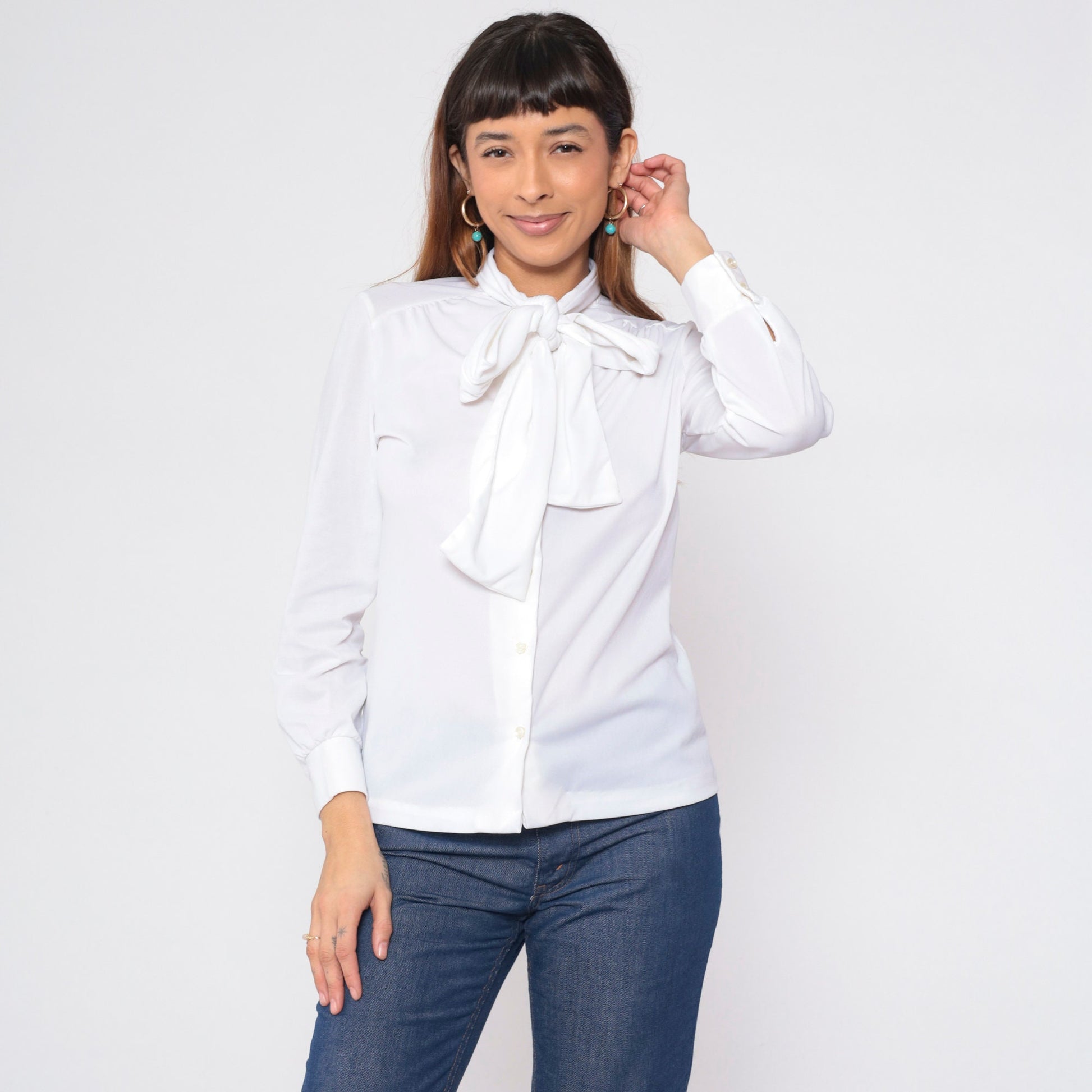 70s White Necktie Blouse Long Sleeve Button Up Ascot Shirt Medium