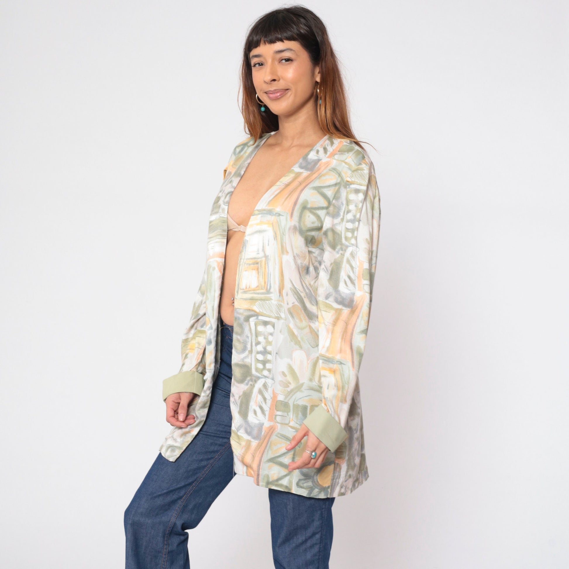 90s Abstract Floral Open Front Jacket Daisy Leaf Print Rayon Medium
