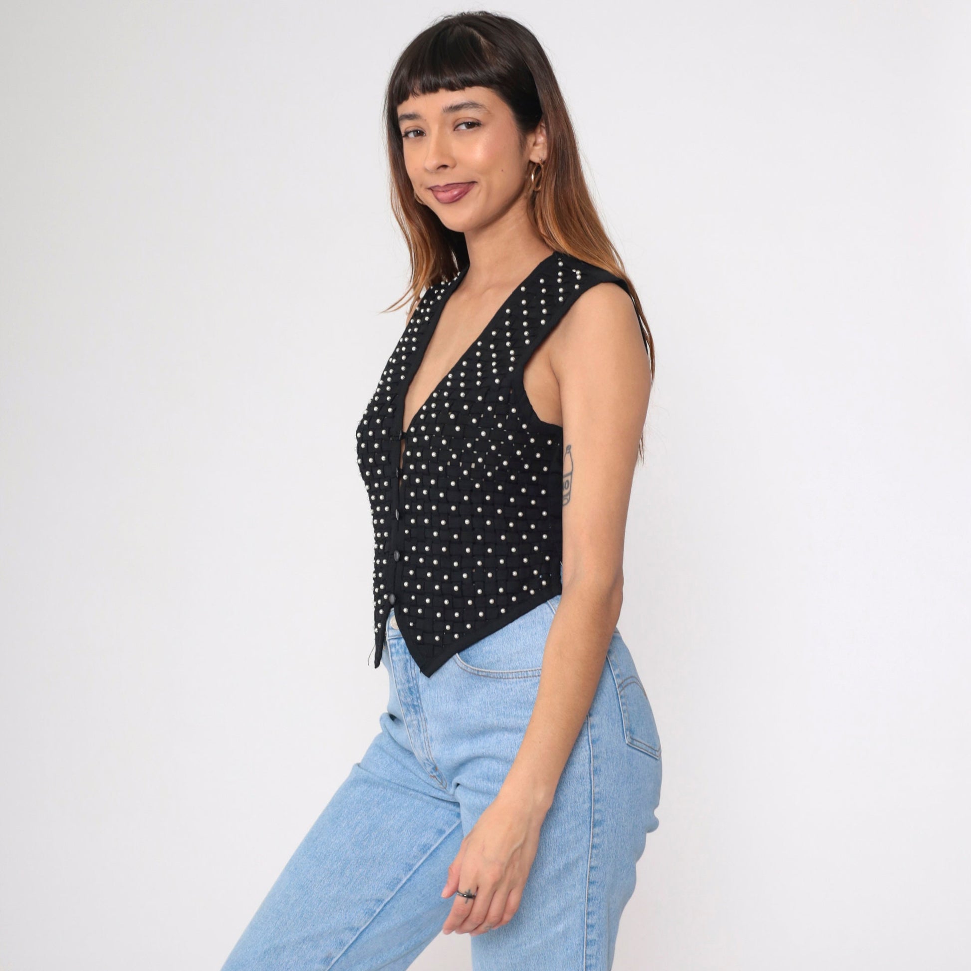 90s Kenar Petites Black Pearl Beaded Vest Lattice Cutout Small