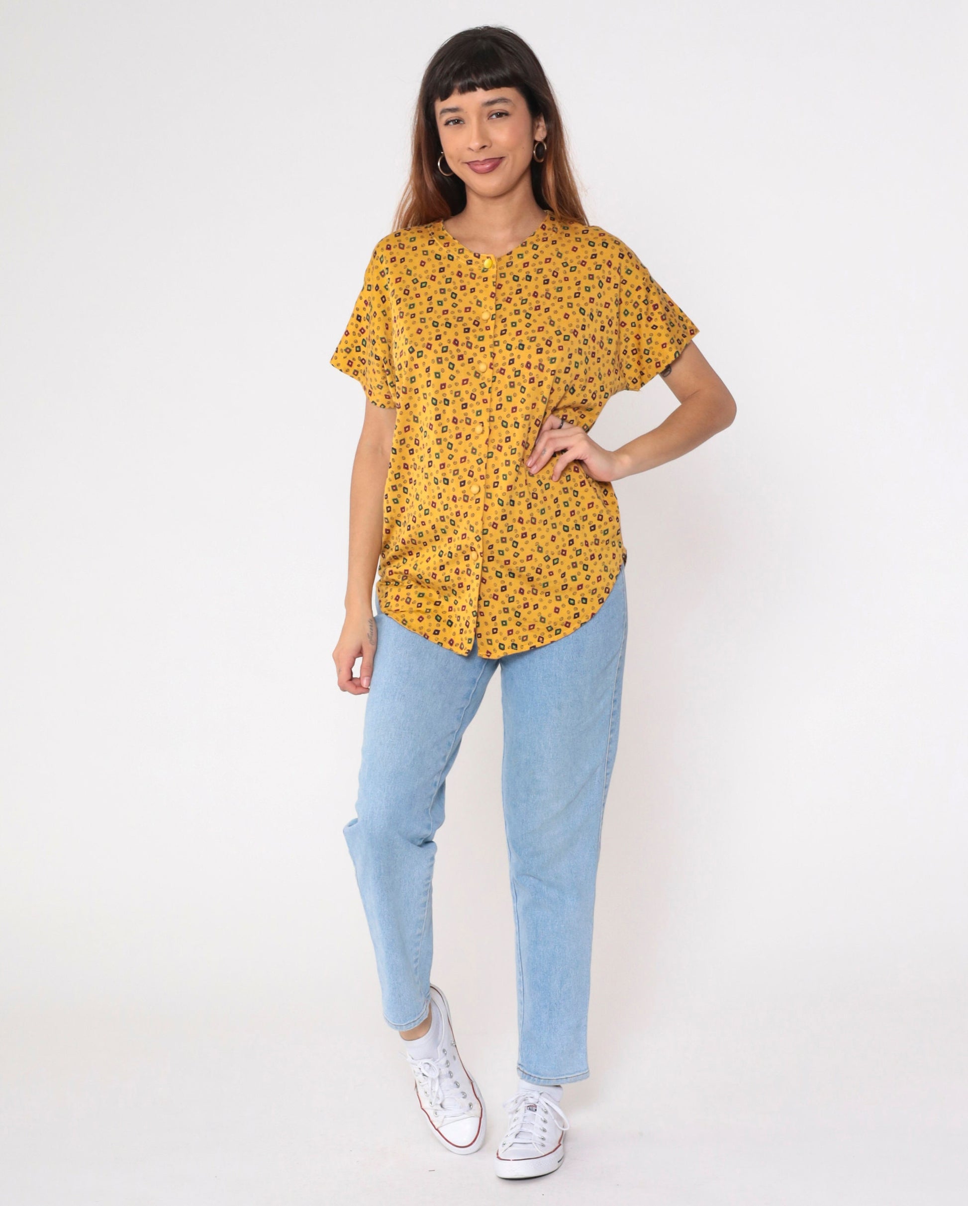 90s Yellow Geometric Diamond Print Button-Up Blouse Short Sleeve Medium