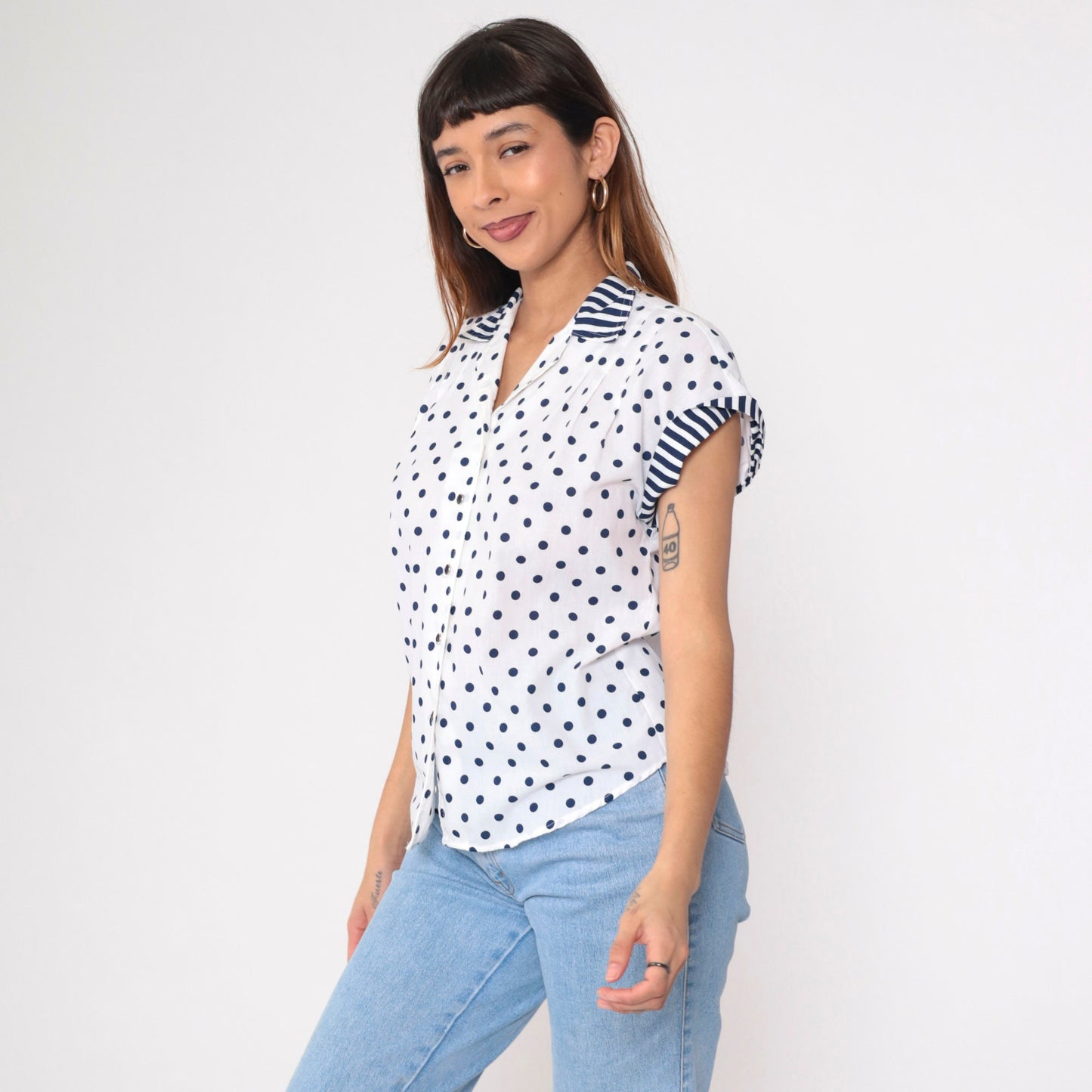 80s White Navy Polka Dot Button-Up Blouse Striped Collar Cap Sleeve Medium