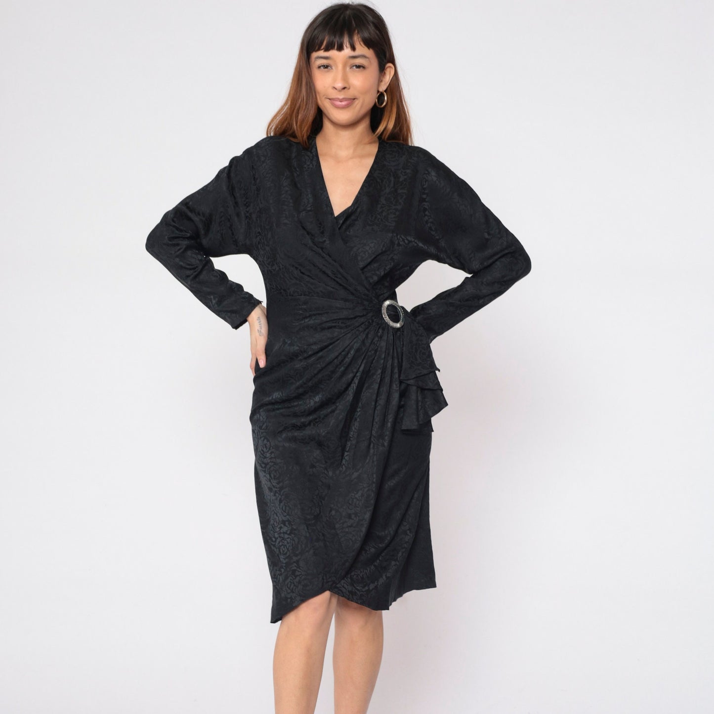 80s Argenti Black Silk Floral Jacquard Wrap Dress Midi Dolman Sleeve Medium 8