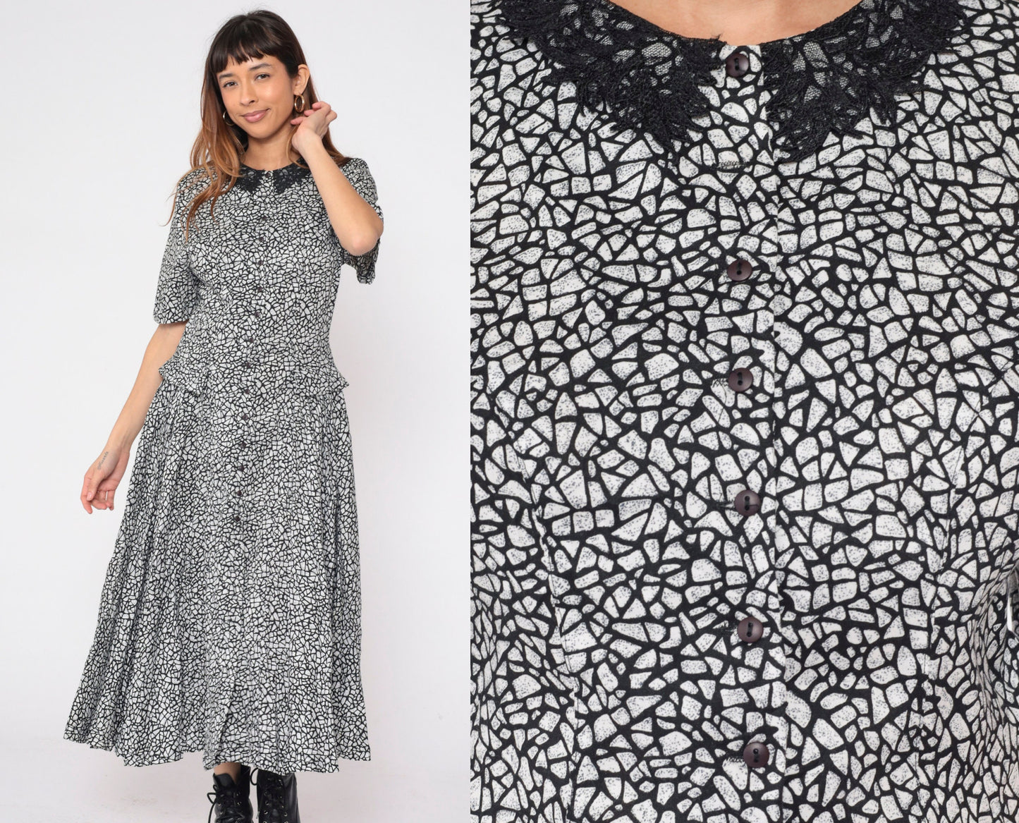 80s Diane Von Furstenberg Mosaic Print Midi Dress Black White Lace Collar Small 6