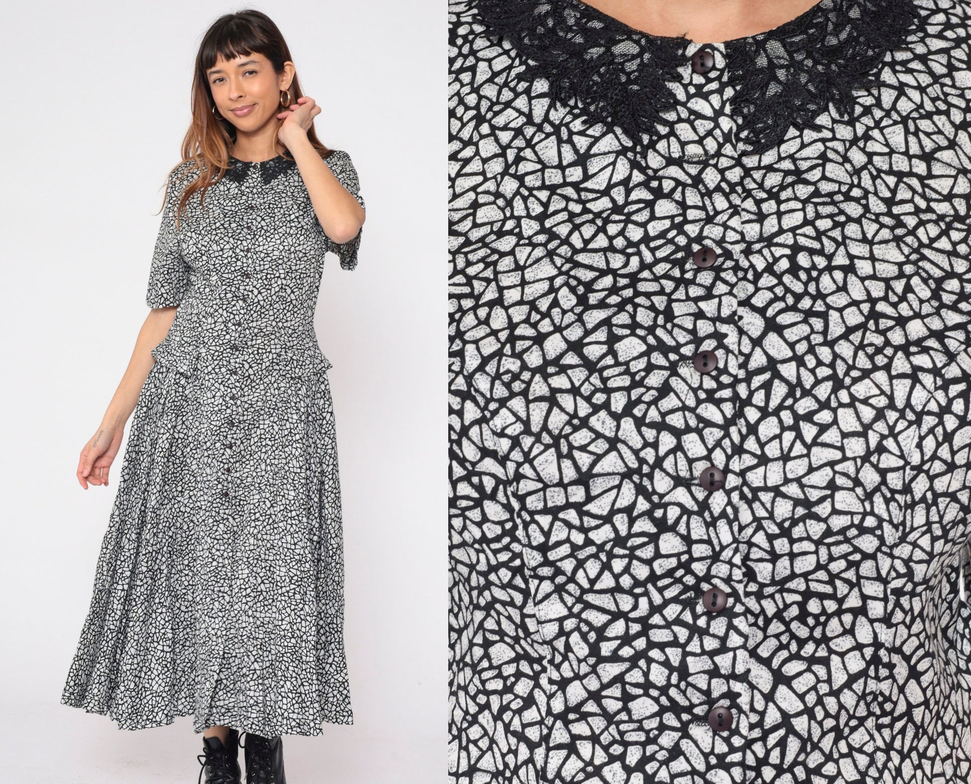 80s Diane Von Furstenberg Mosaic Print Midi Dress Black White Lace Collar Small 6
