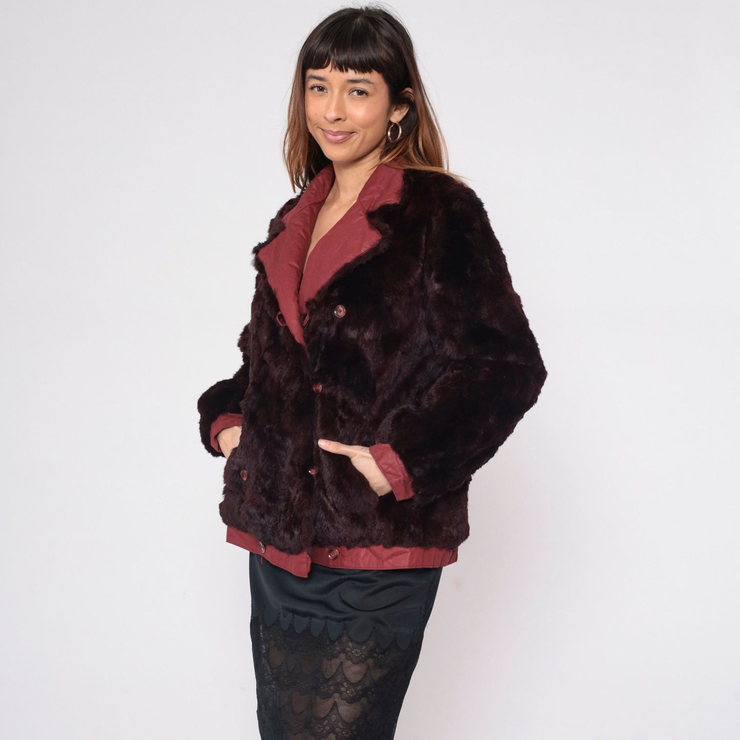 80s Burgundy Fur Double Breasted Pea Coat Reversible Medium