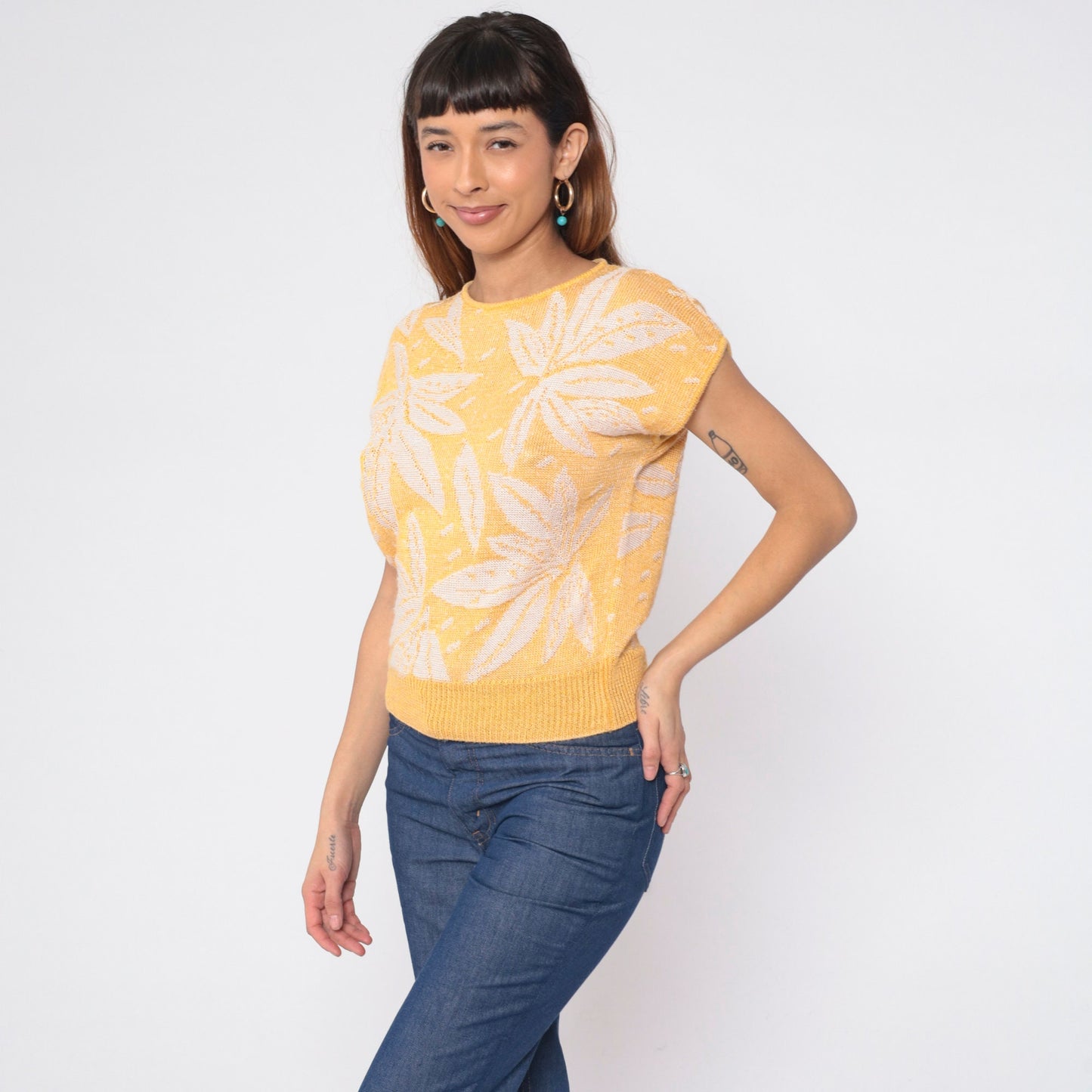 80s The Villager Petites Floral Knit Sweater Yellow Cap Sleeve Small