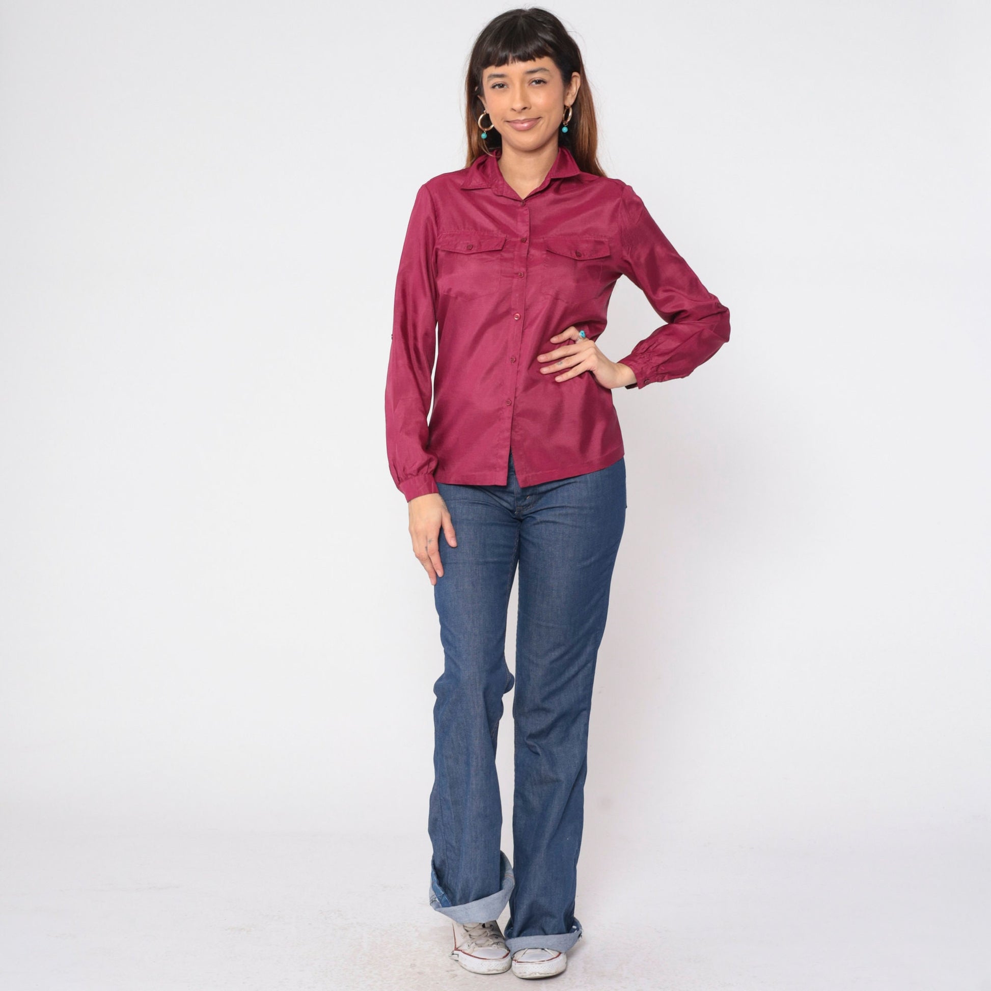 70s Berry Red Button-Up Blouse Long Sleeve Collared Shirt Chest Pockets Small S