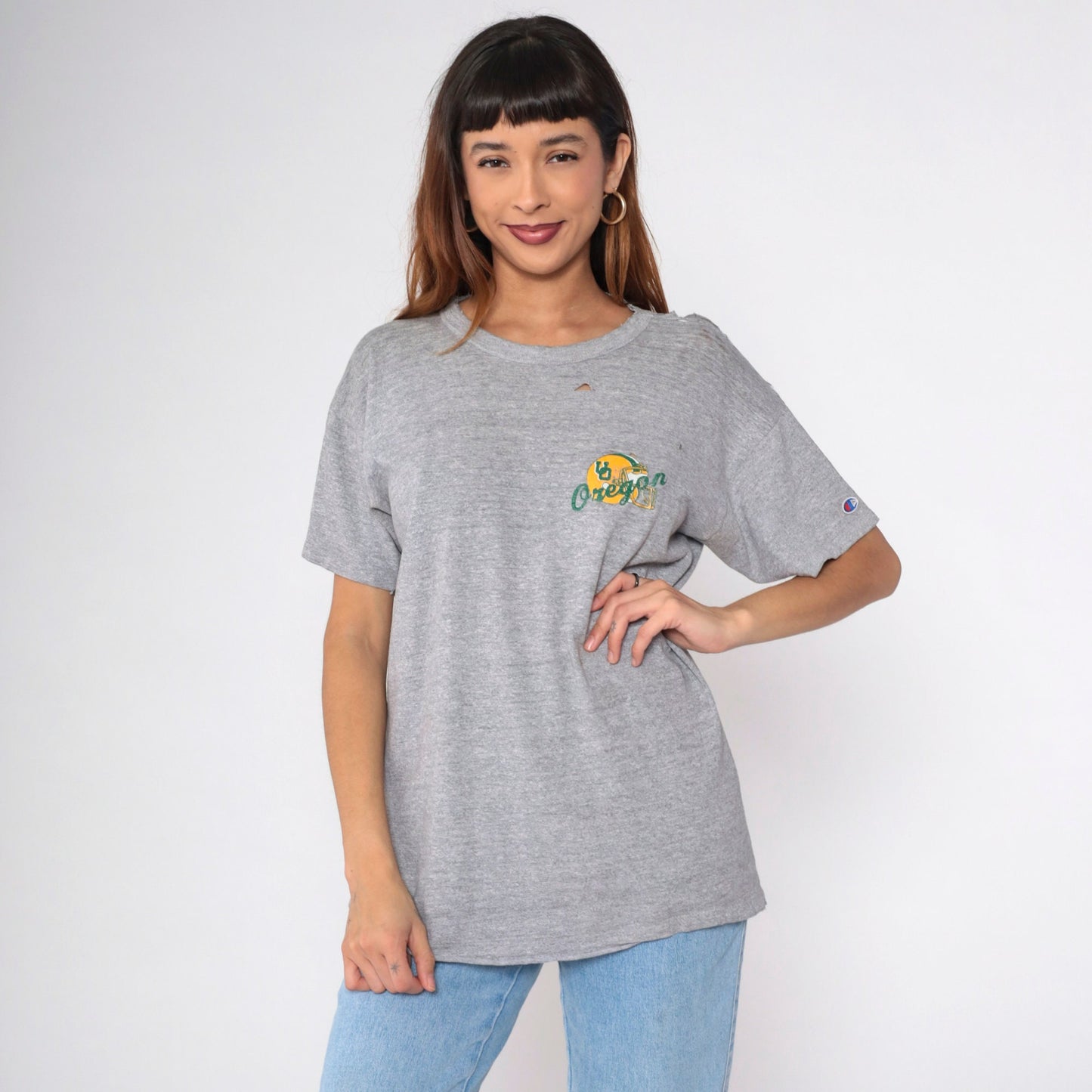 80s University of Oregon Champion Football Graphic Tee Grey Distressed Medium