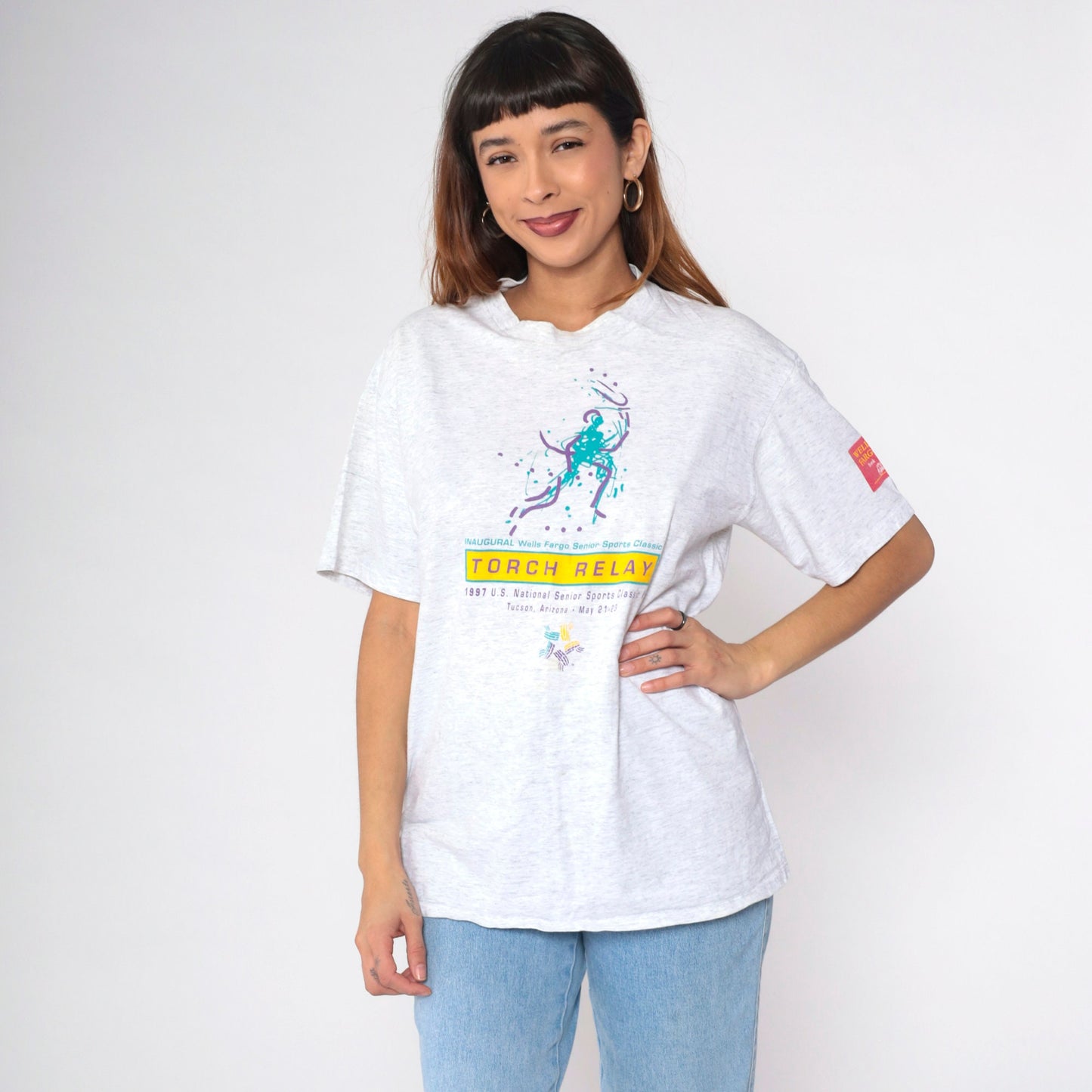 1997 National Senior Sports Classic VI Wells Fargo Torch Relay Graphic Tee Heather Grey Large