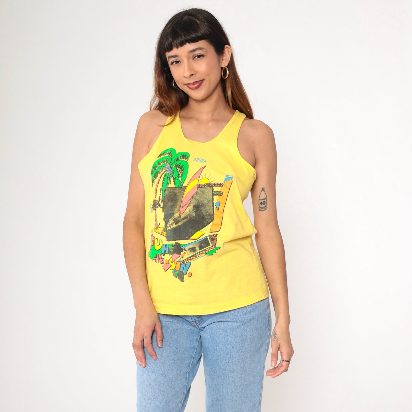90s Aruba Windsurfing Tank Top Yellow Graphic Caribbean Small