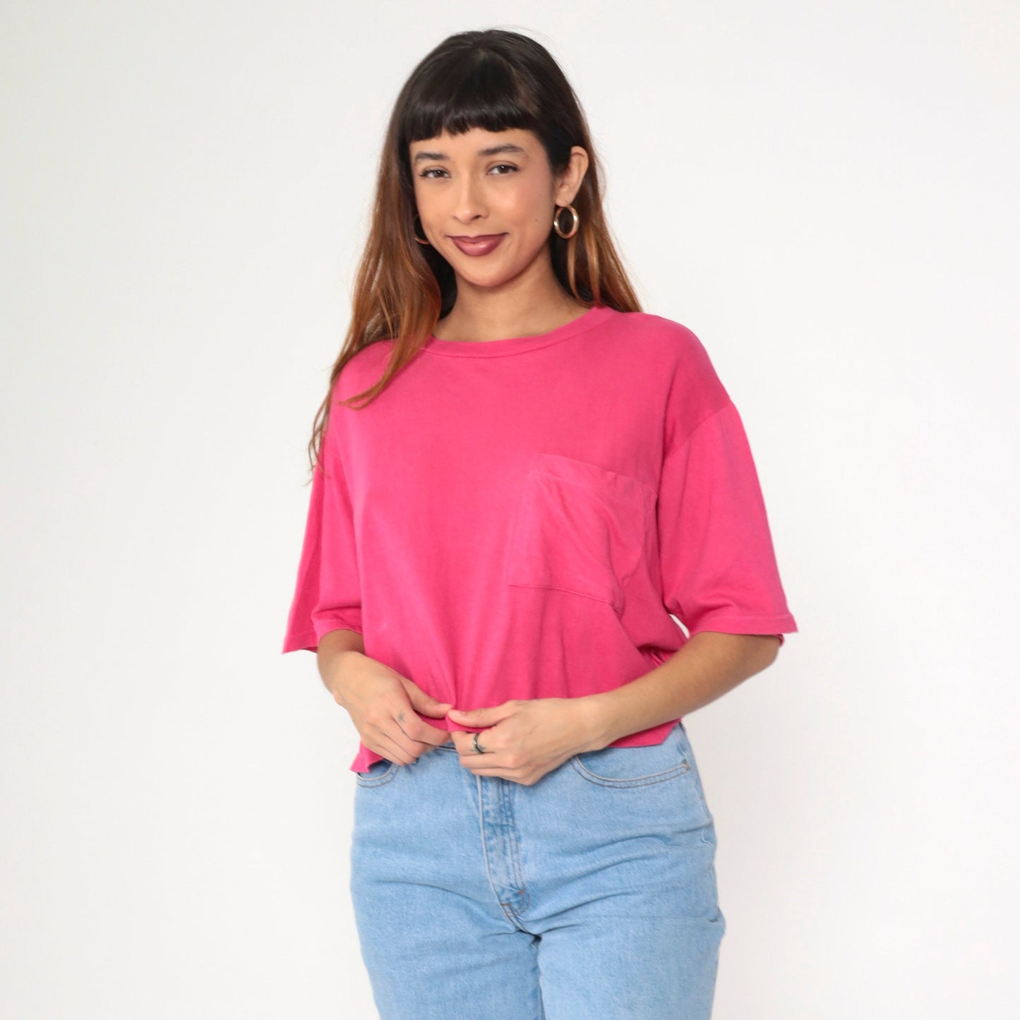 90s Energie Hot Pink Crop Top Cotton T-Shirt Pocket Tee Large L
