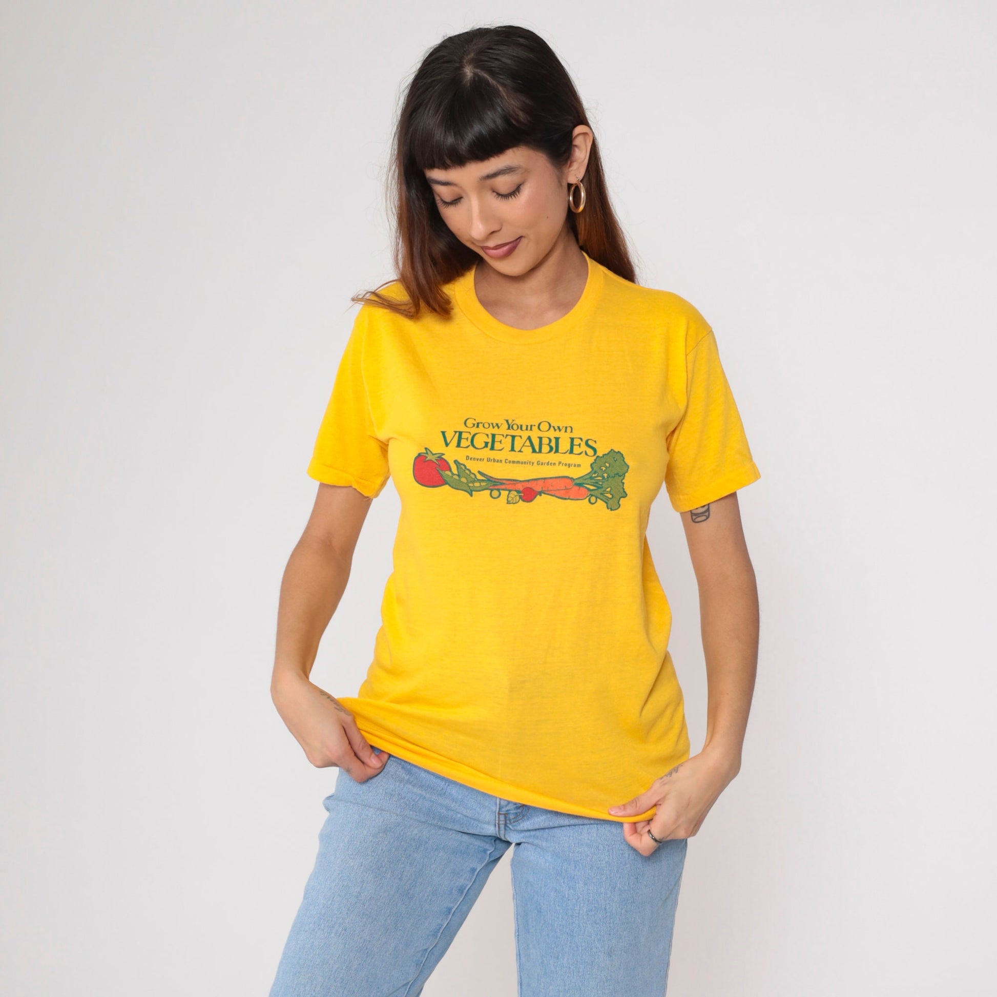80s Denver Urban Community Garden Program Graphic T-Shirt Yellow Vegetable Gardening Small