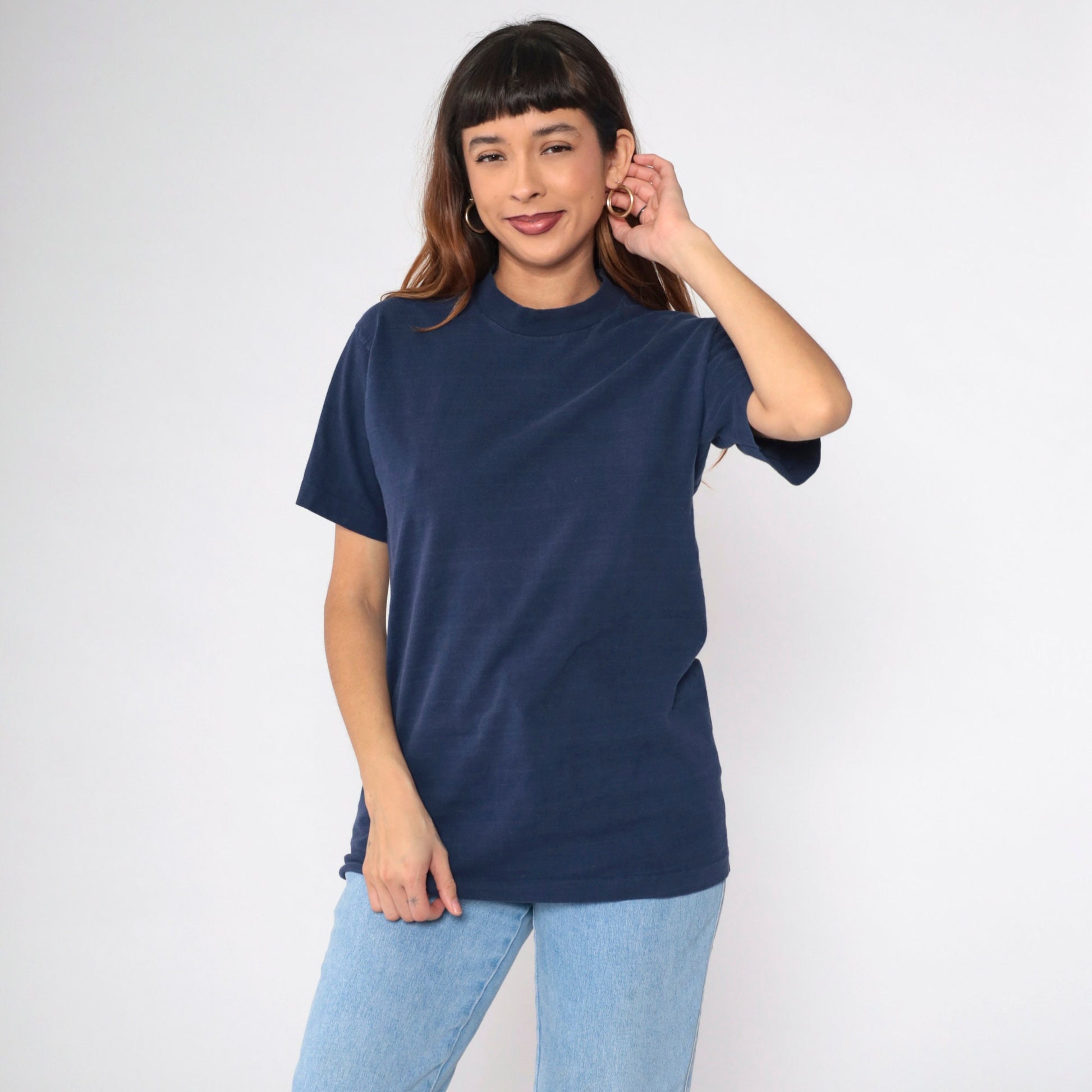 80s Navy Striped Single Stitch T-Shirt Plain Tee Medium