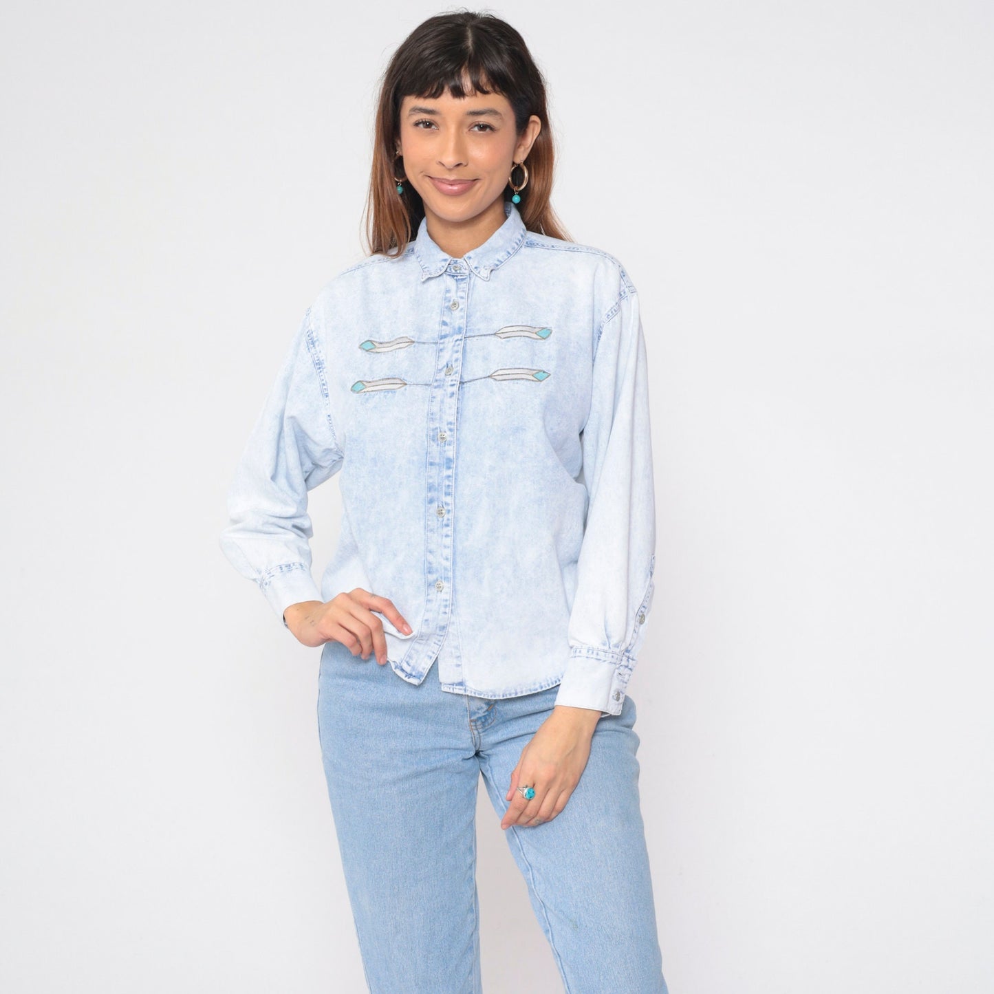 90s Jordache Denim Shirt Light Blue Embroidered Feather Southwestern Button Up Medium